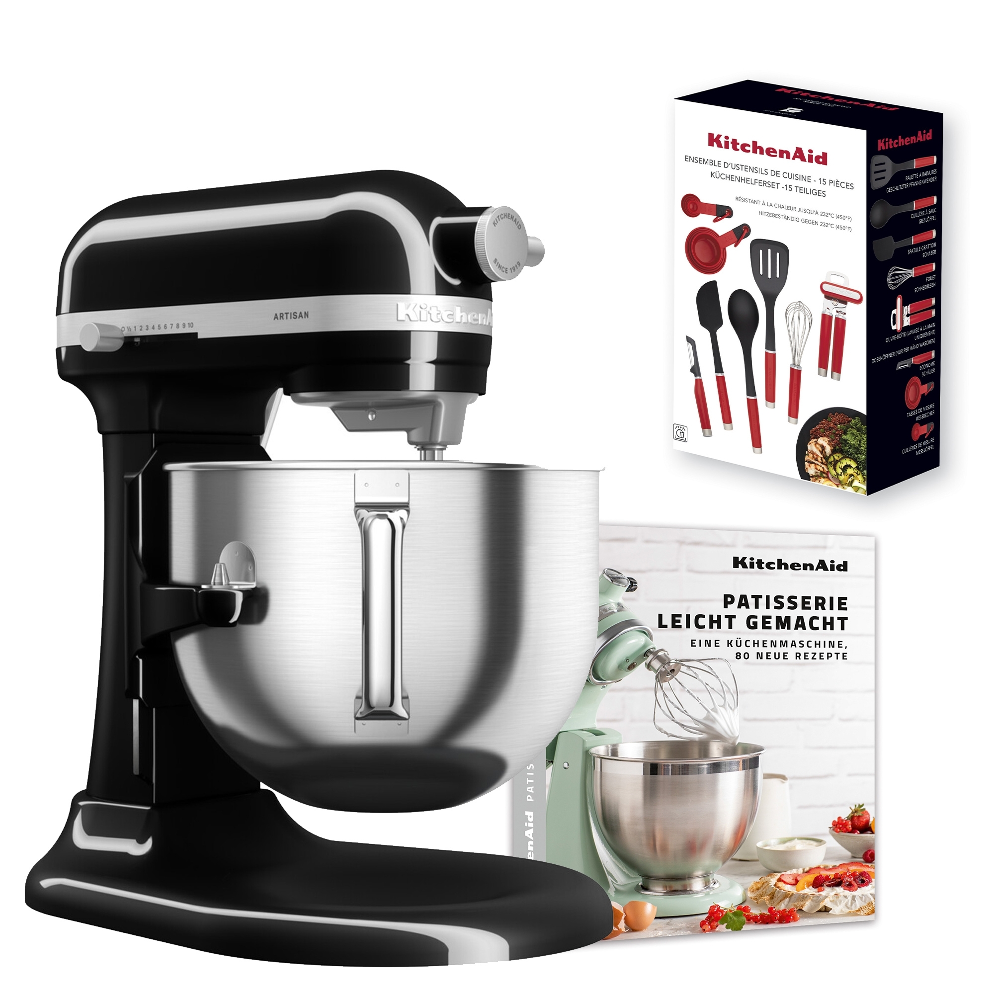 KitchenAid - Set Küchenmaschine 6,6 L + 15 tlg. Küchenhelfer-Set + Rezeptbuch „Patisserie leichtgemacht“ - Onyx Schwarz KitchenAid - Set Küchenmaschine 6,6 L + 15 tlg. Küchenhelfer-Set + Rezeptbuch „Patisserie leichtgemacht“ - Onyx Schwarz