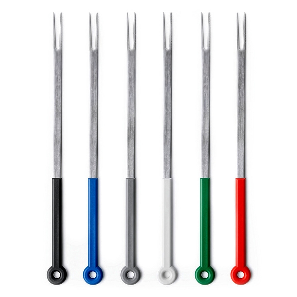 Sechs Fonduegabeln mit bunten Kunststoffgriffen