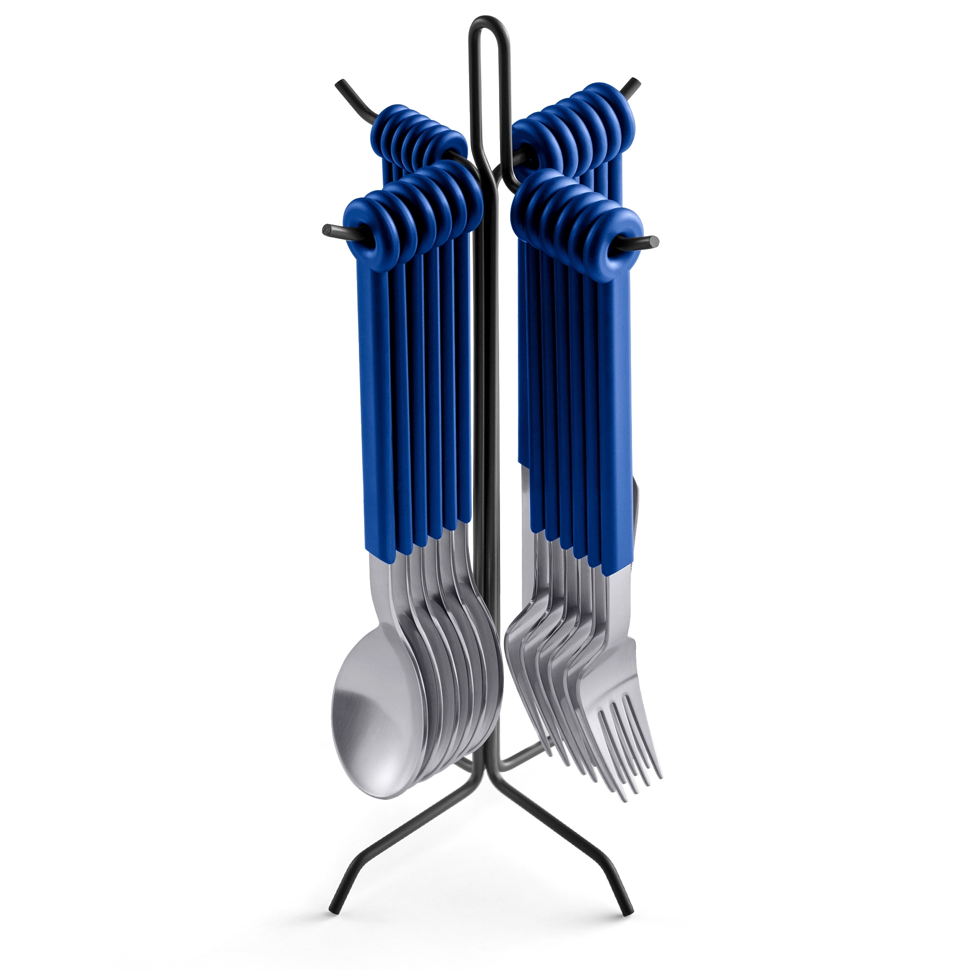 Modernes Besteckset mit blauen Griffen am Ständer