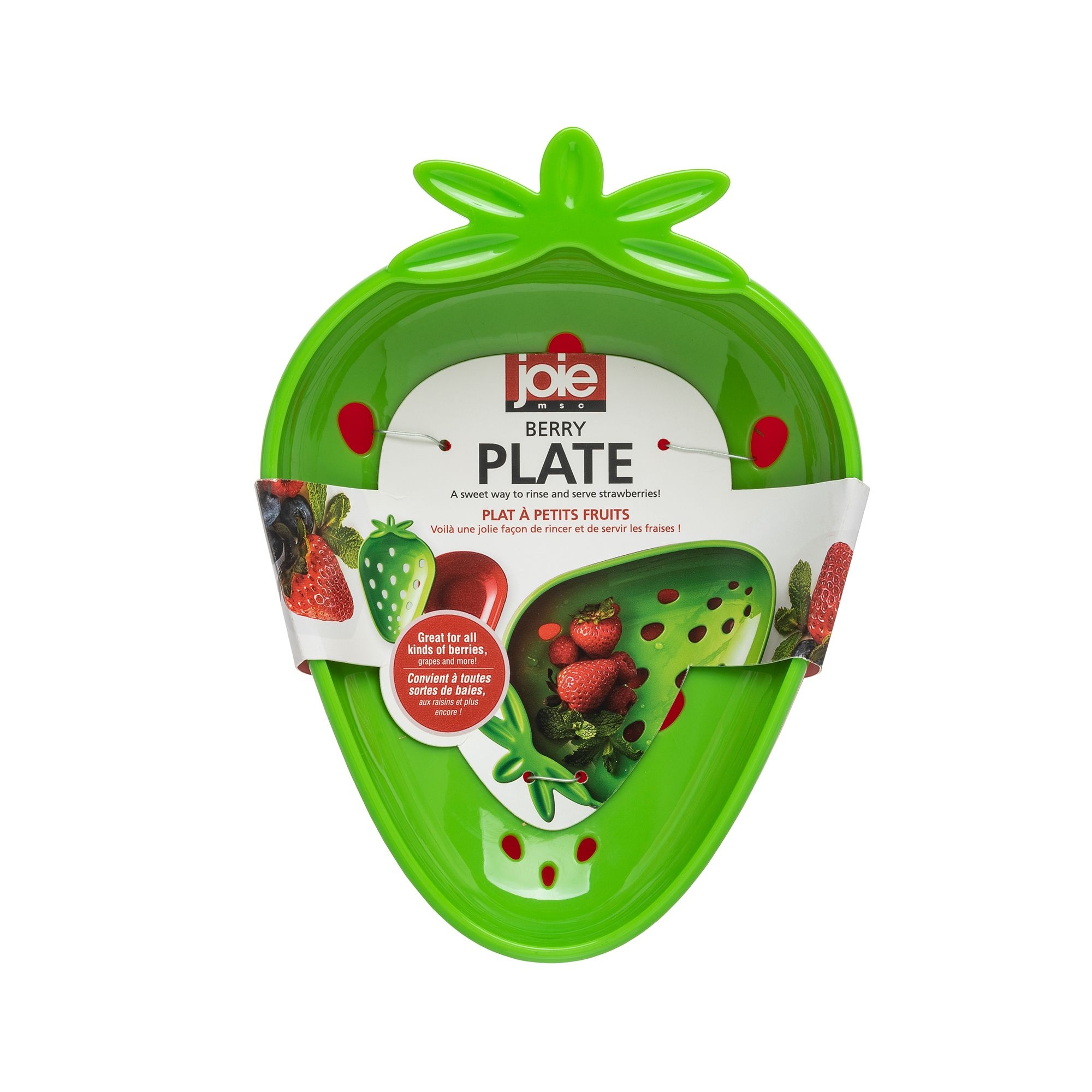 Green Joie berry plate in strawberry shape, plastic