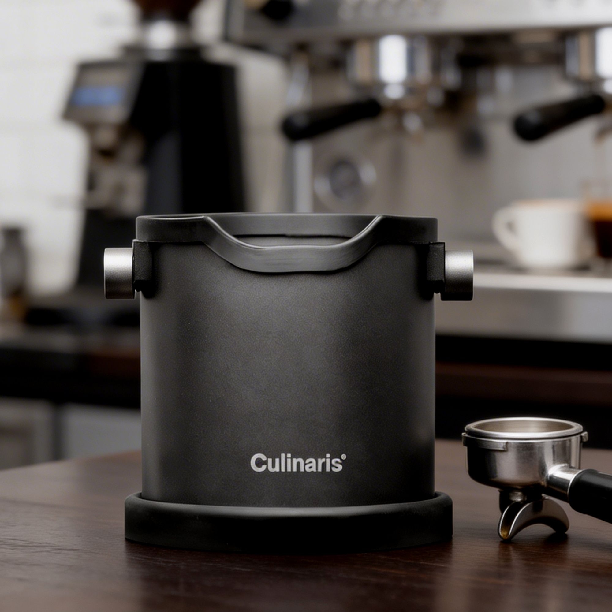 Culinaris black matt espresso knock box in barista kitchen