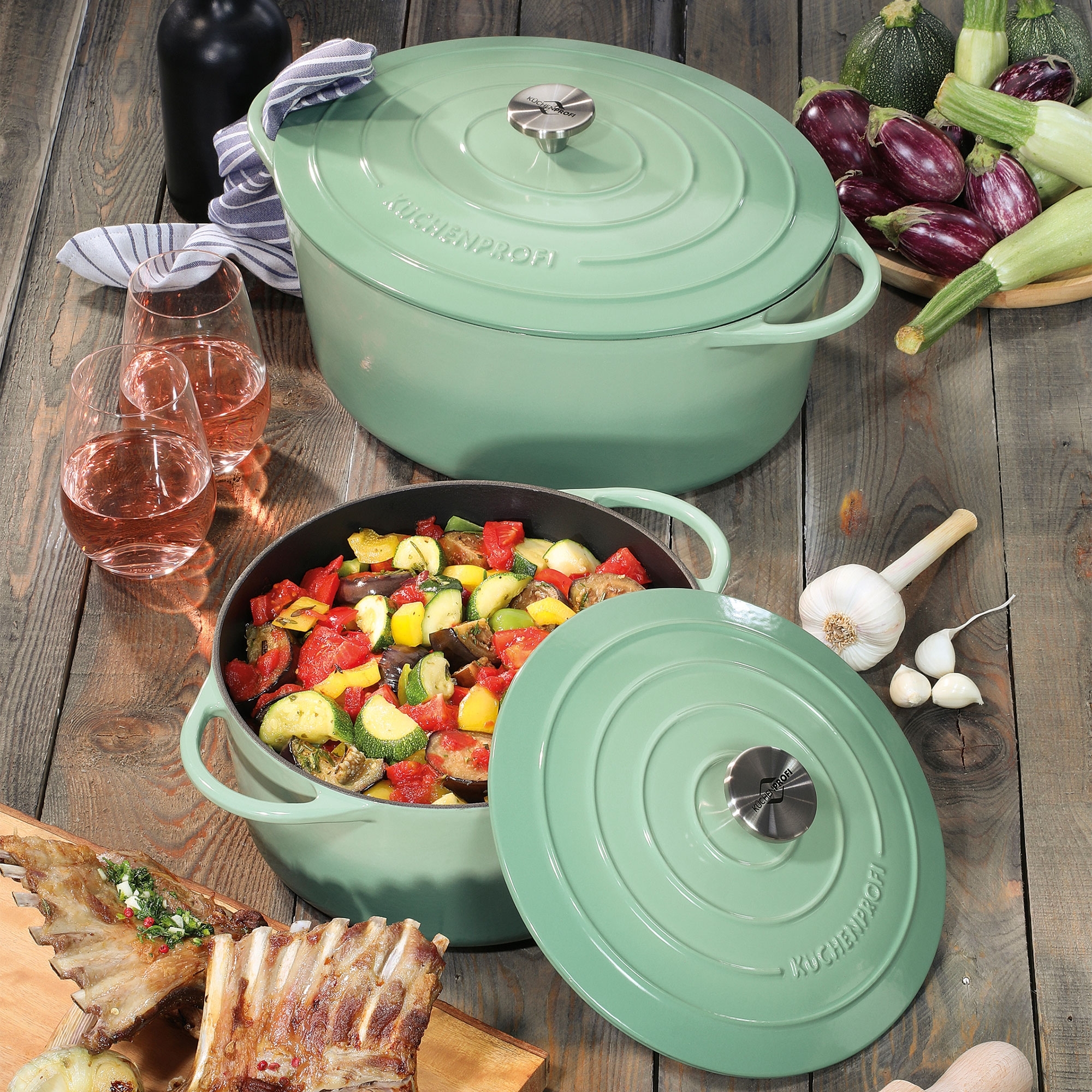 Oval mint green cast iron casserole with ratatouille