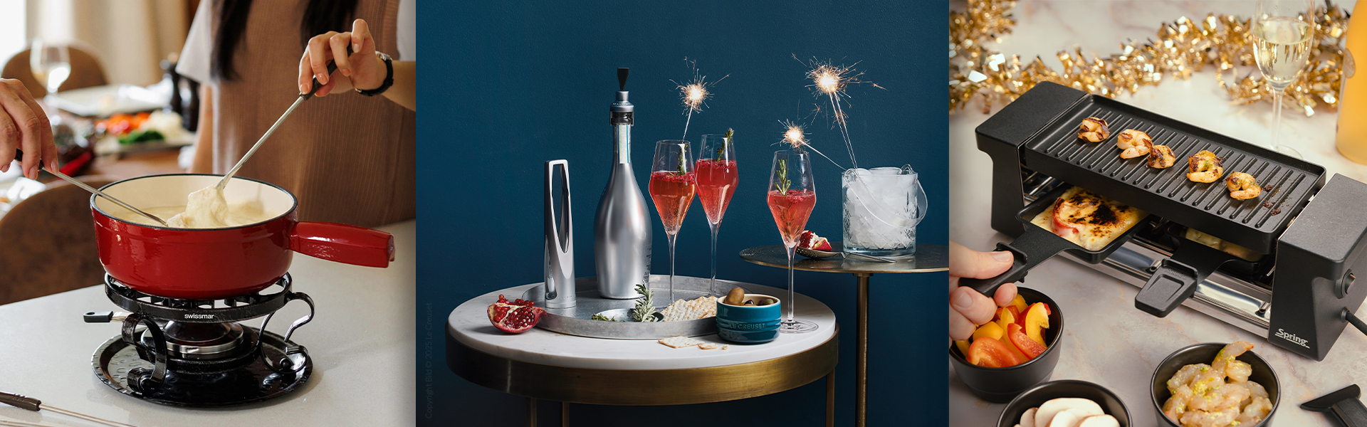 Festliche Szene mit Fondue, Raclette-Grill und Barzubehör