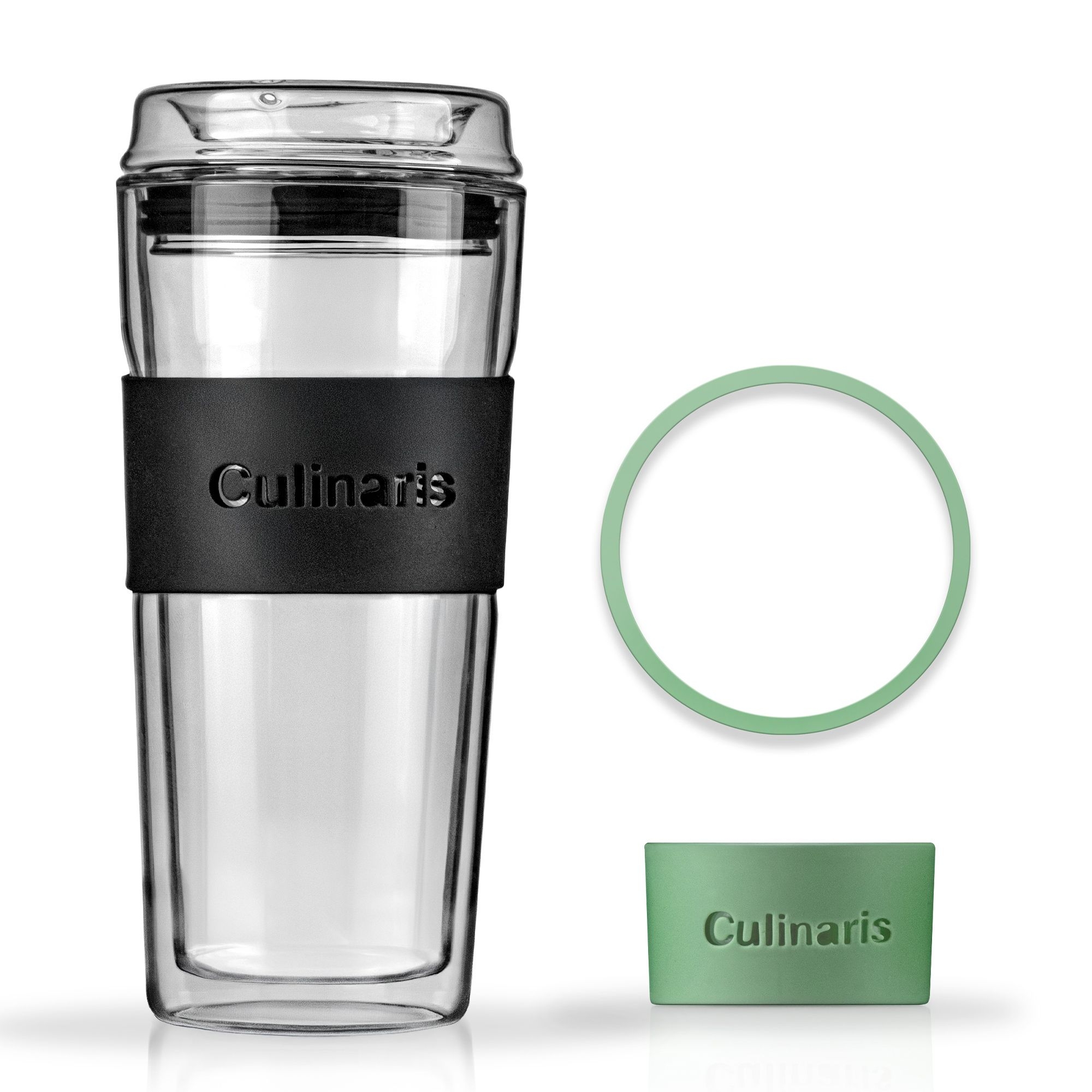 Set - glass mug + silicone sleeve + sealing ring - black/mint | Culinaris