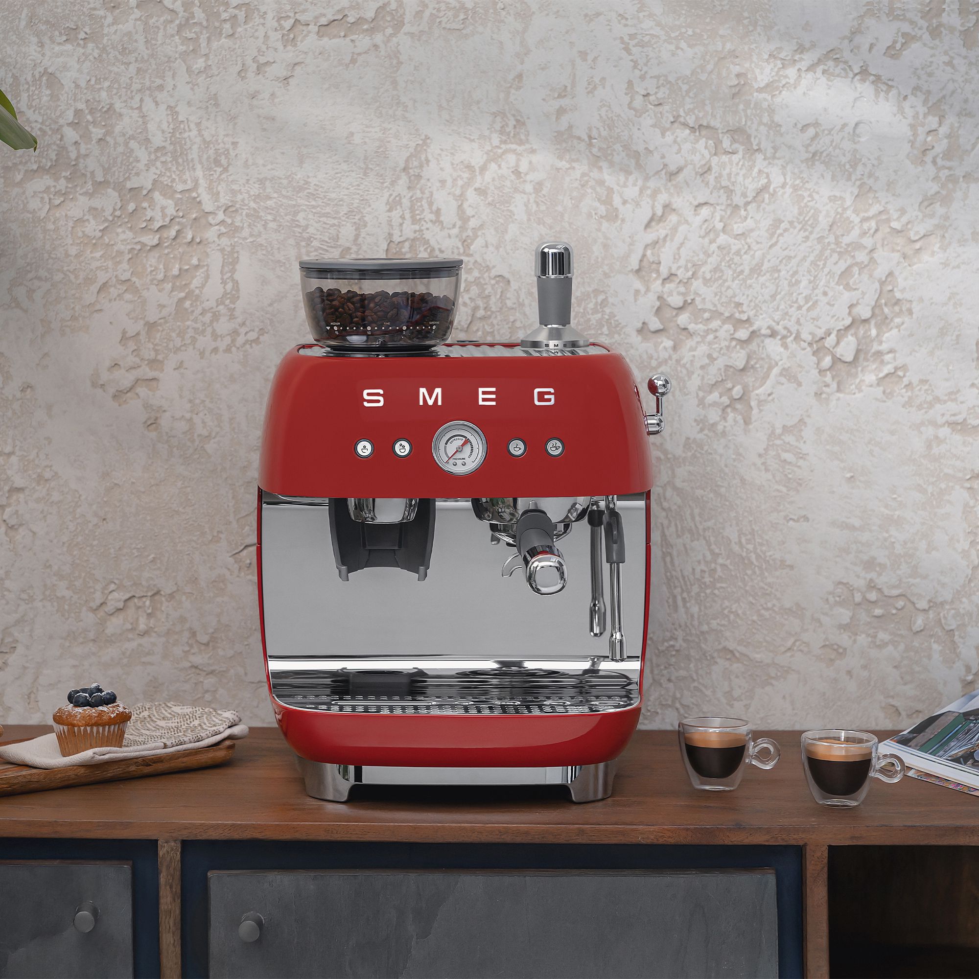 Smeg - Espresso machine with grinder - red