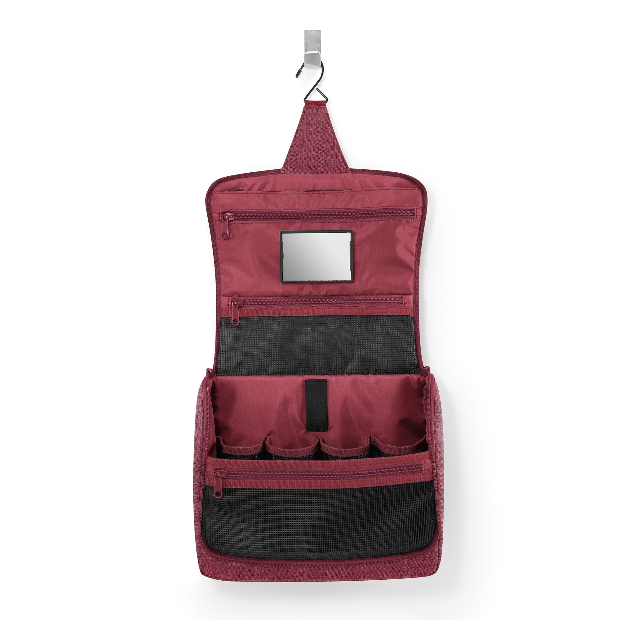 Open burgundy hanging wash bag with compartments