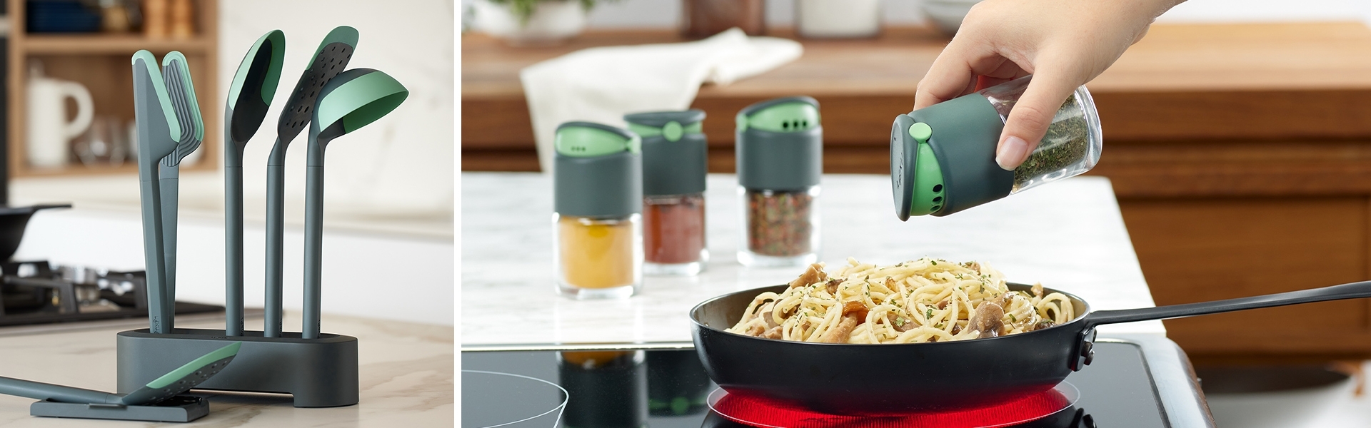 Kitchen utensil set with stand and spice shakers