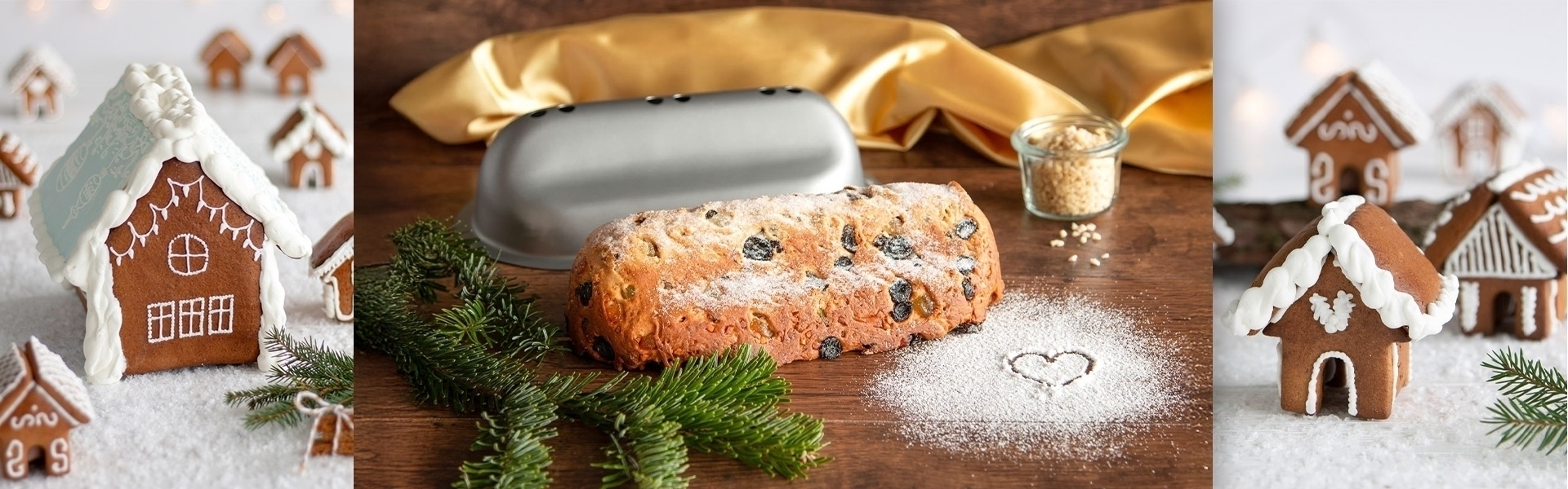 Frischer Christstollen mit Rosinen und Deko