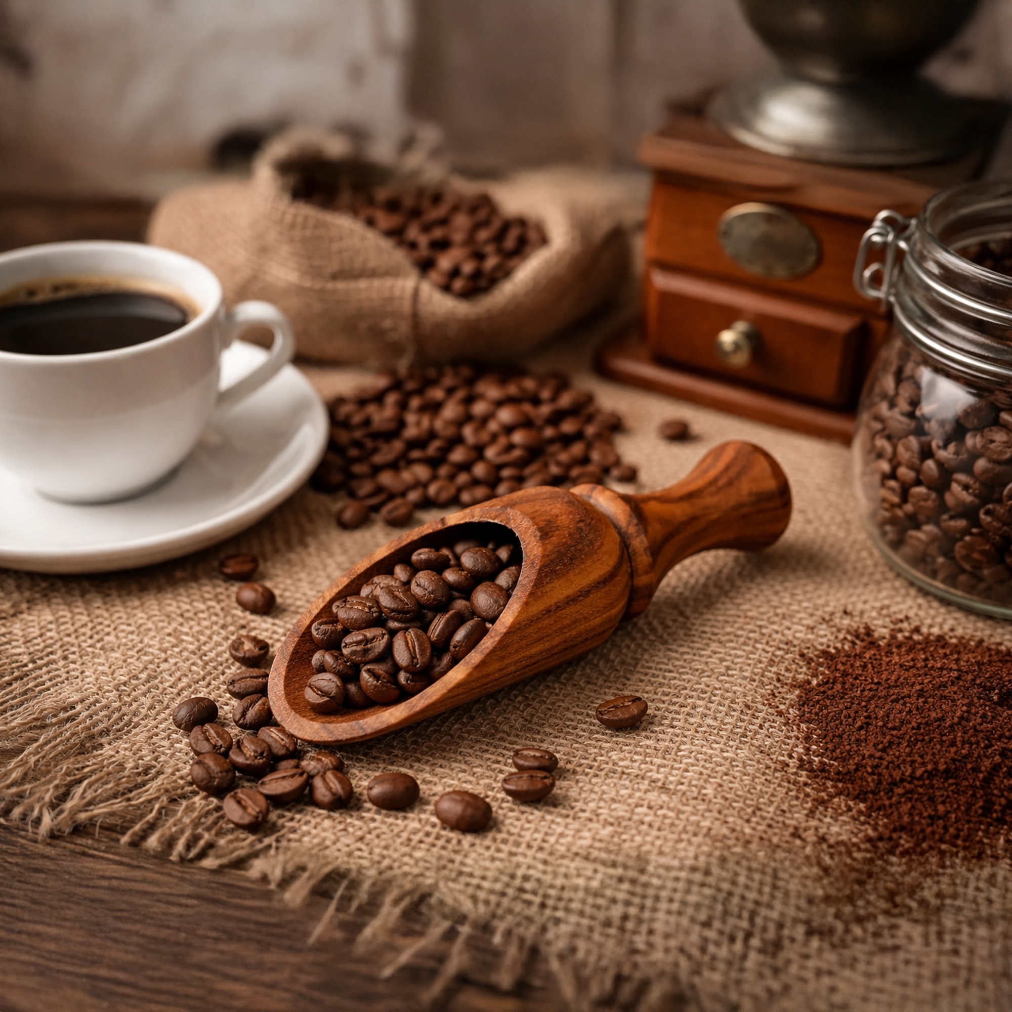 Cherry wood coffee scoop filled with coffee beans