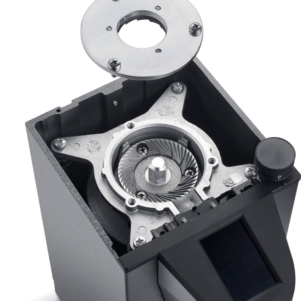 Open burr grinder mechanism of an electric coffee grinder