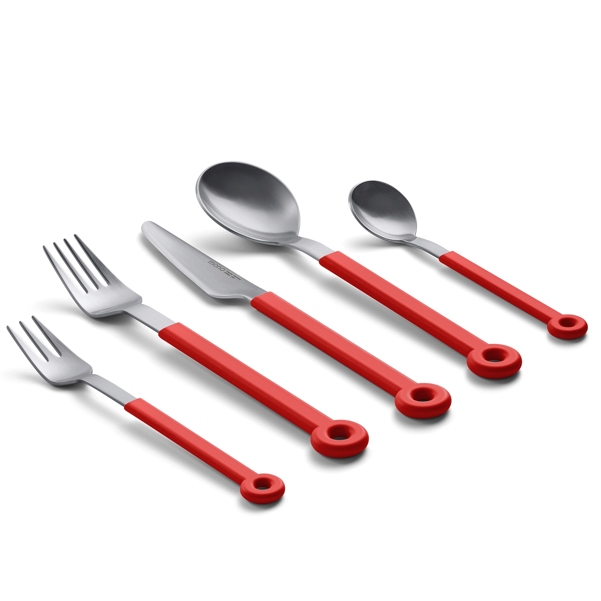 Modernes 5-teiliges Besteckset mit roten Griffen