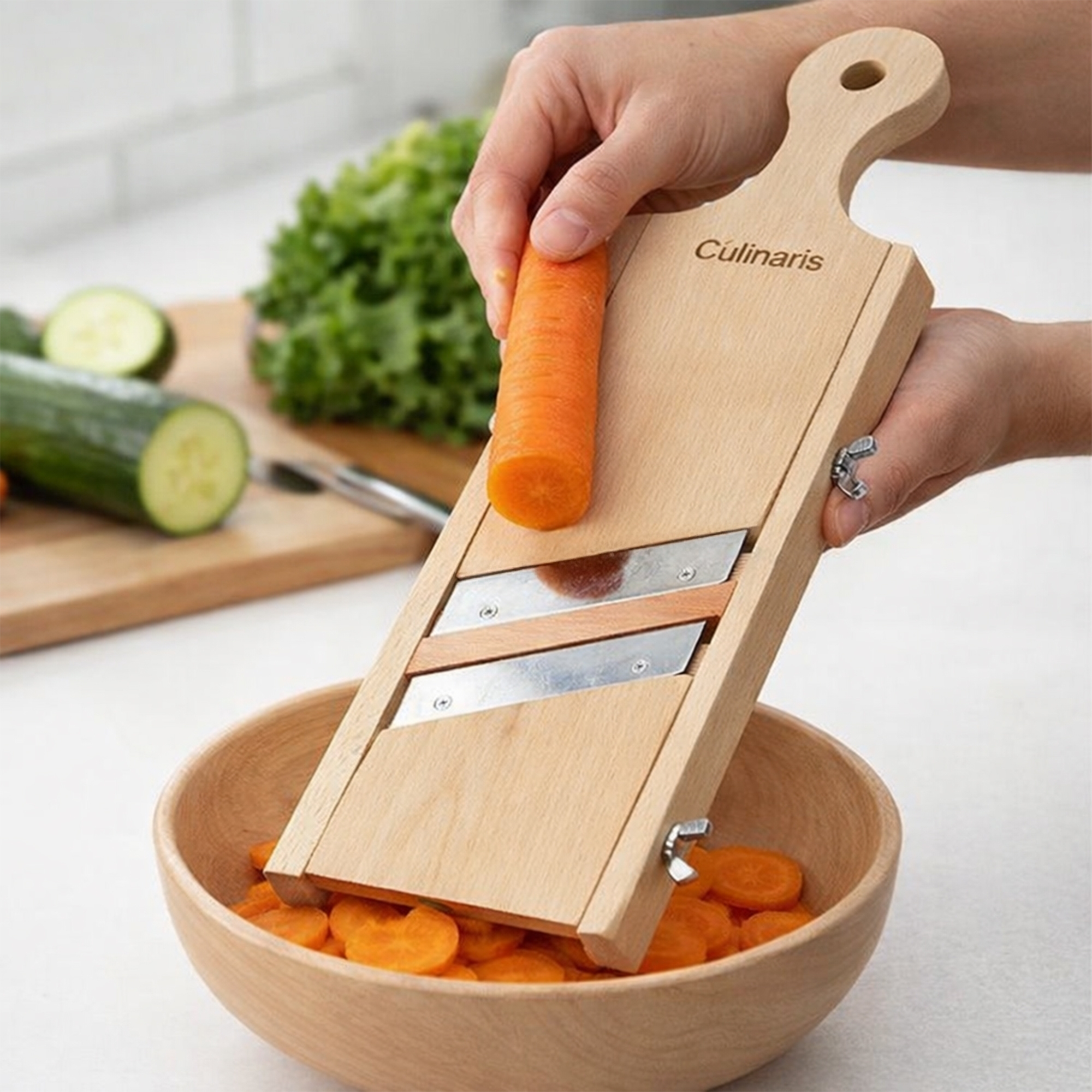 Culinaris beechwood vegetable slicer in use
