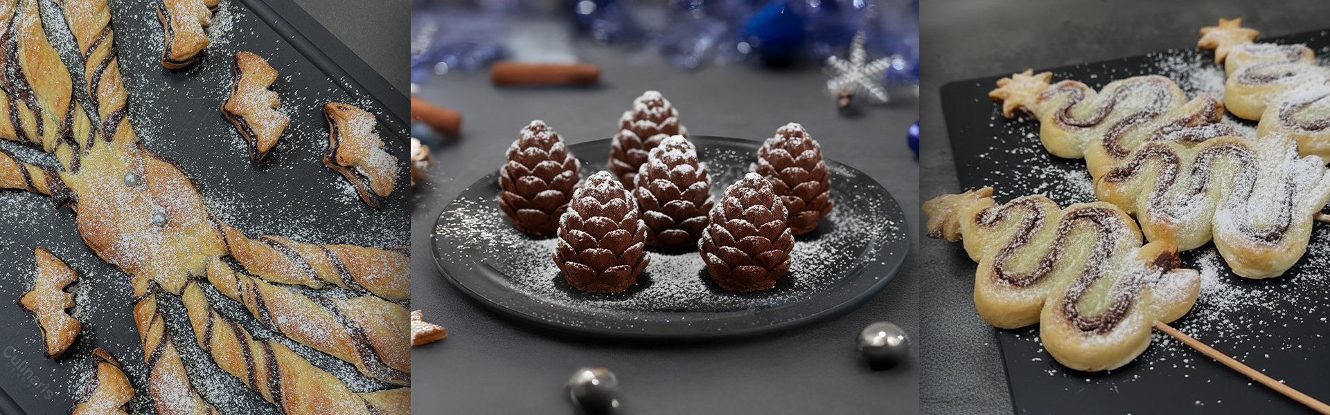 Assorted festive pastries with chocolate and sugar
