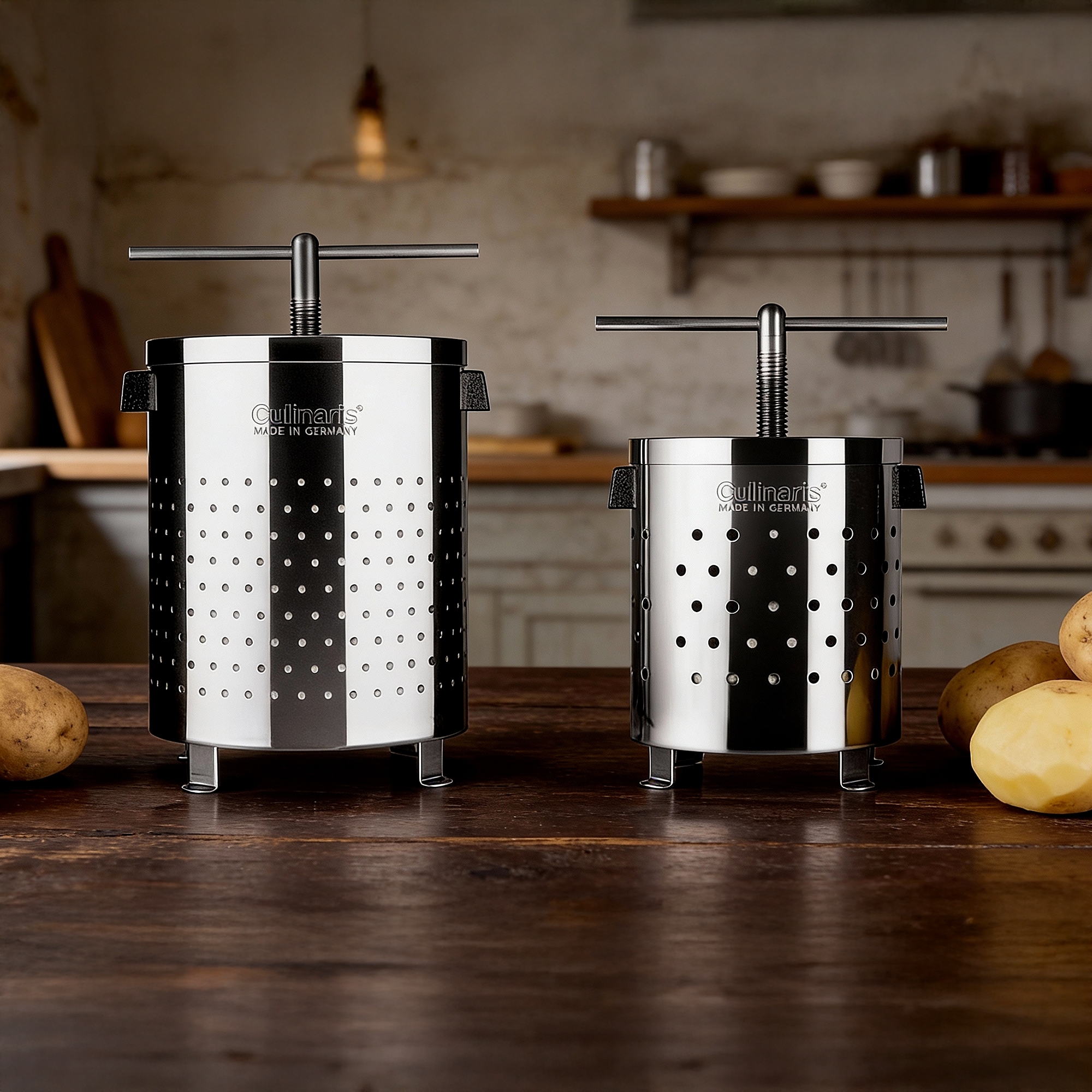Two Culinarios stainless steel potato presses in kitchen
