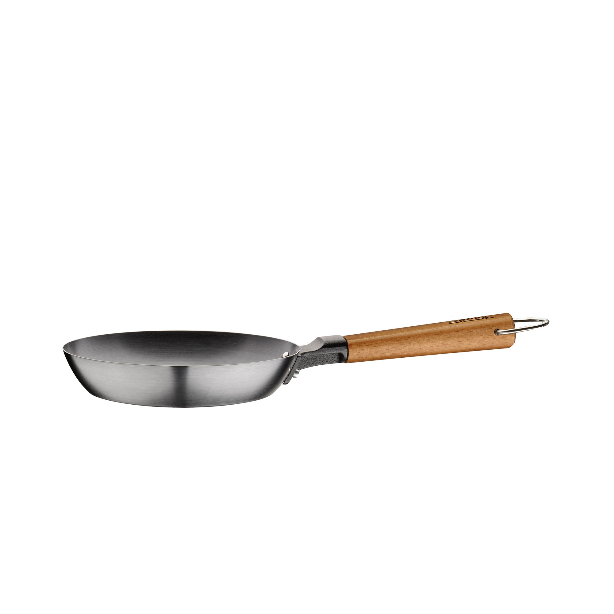 Silver stainless steel frying pan with wooden handle
