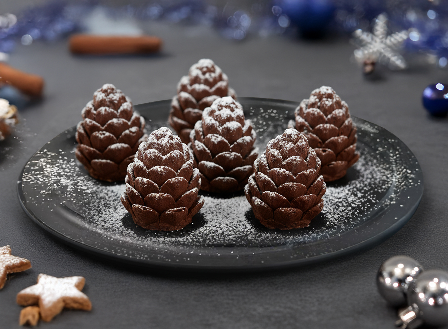 Six chocolate pinecones with icing sugar on plate