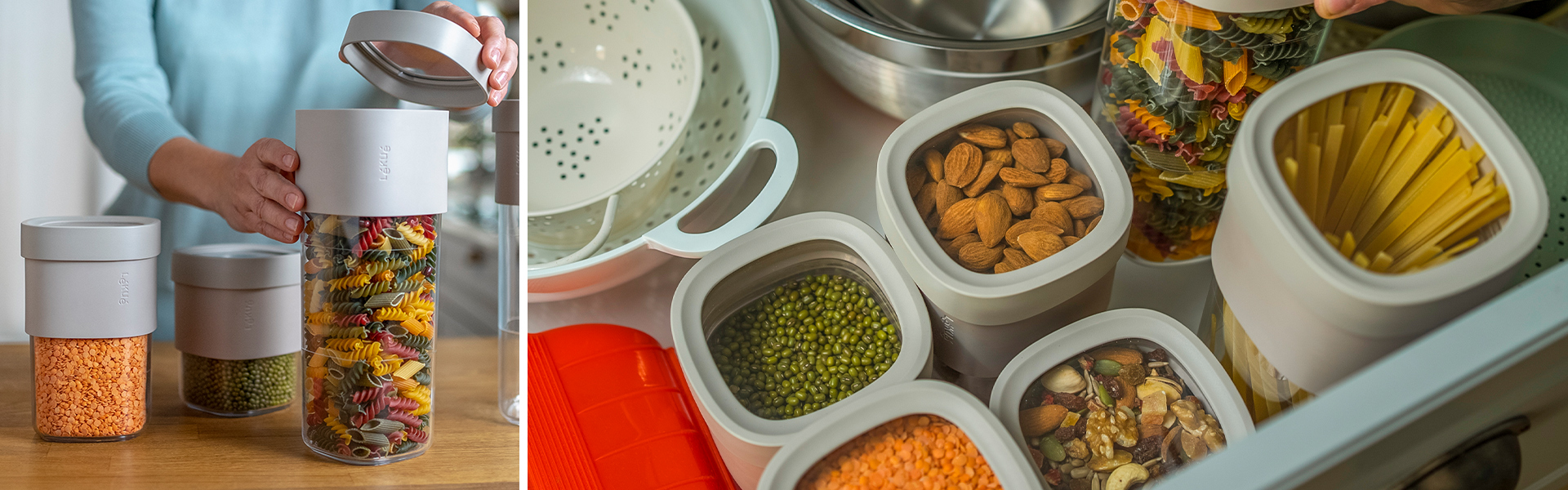 Clear storage jars with pasta, nuts and pulses