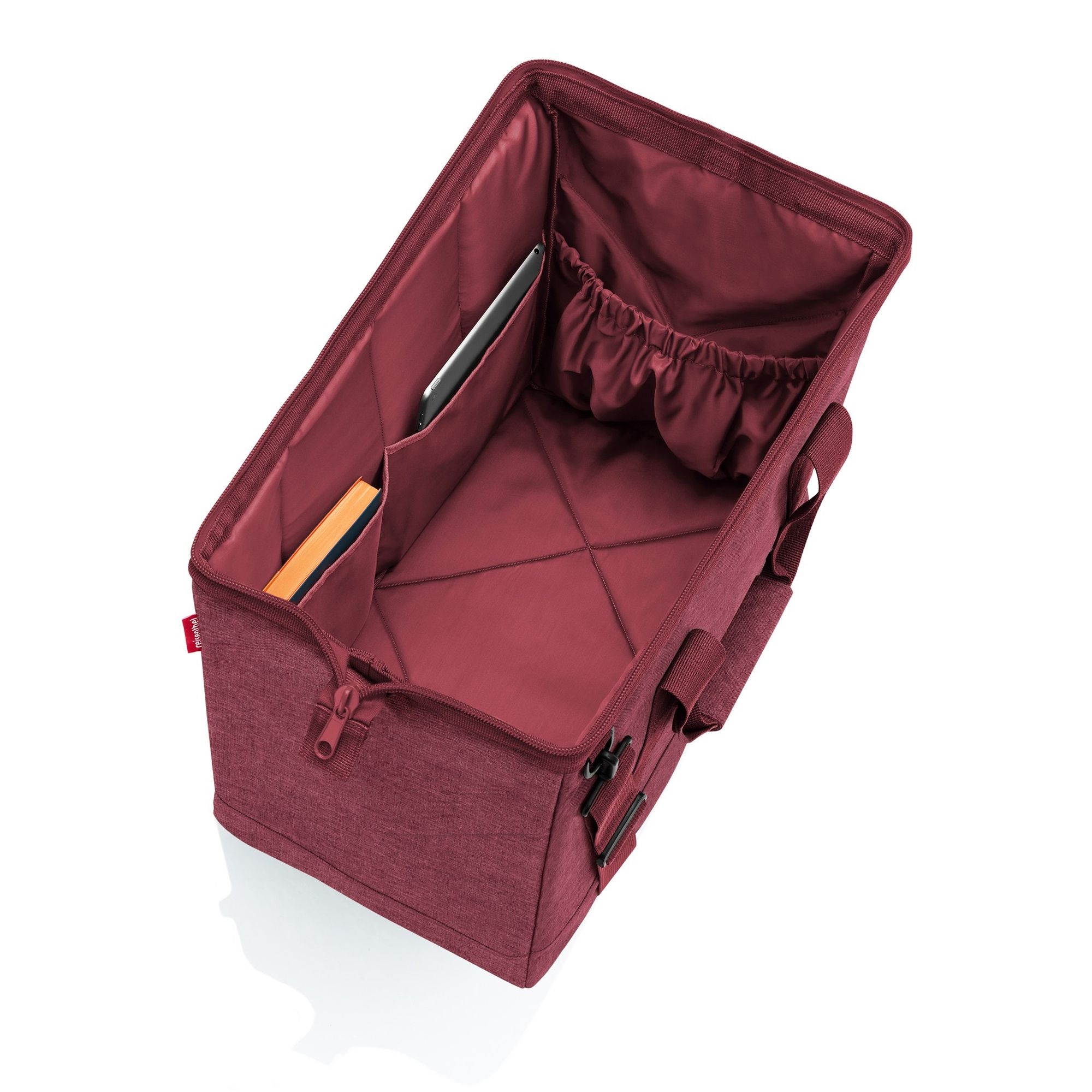 Open burgundy foldable box with multiple inner pockets