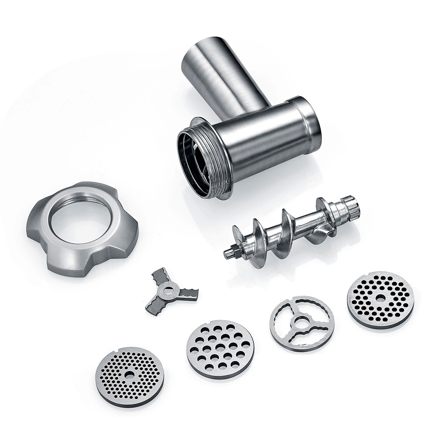Disassembled stainless steel mincer attachment parts
