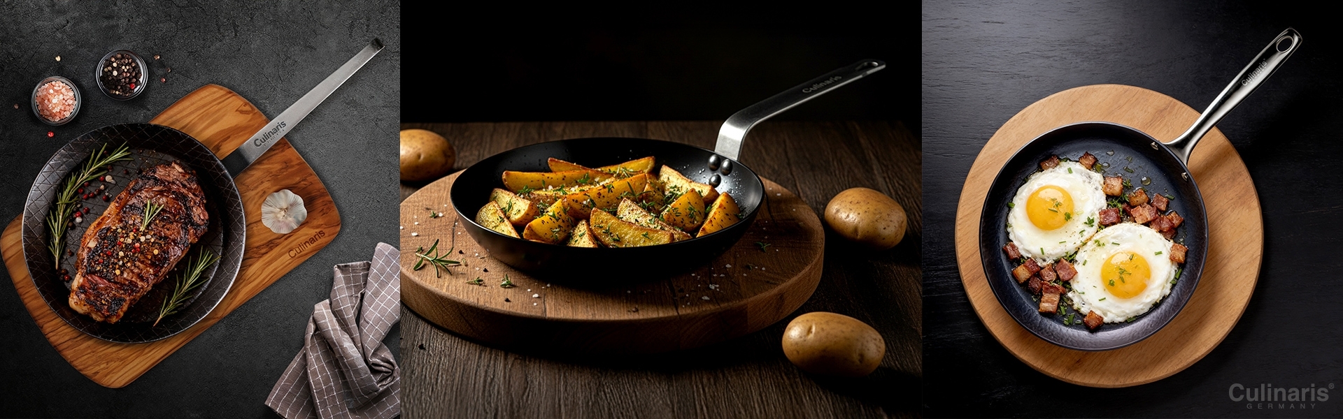 Culinarias frying pan with steak, potatoes and fried eggs