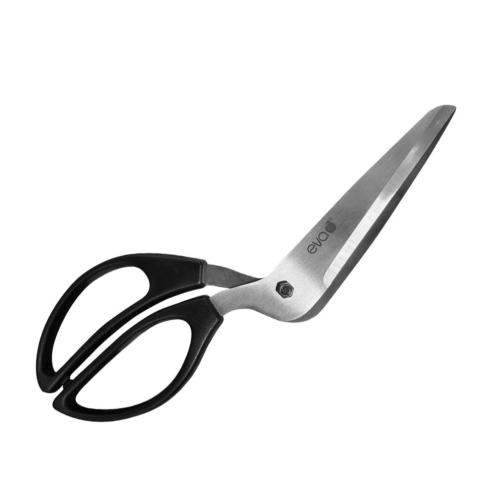Silver fabric scissors with black plastic handle