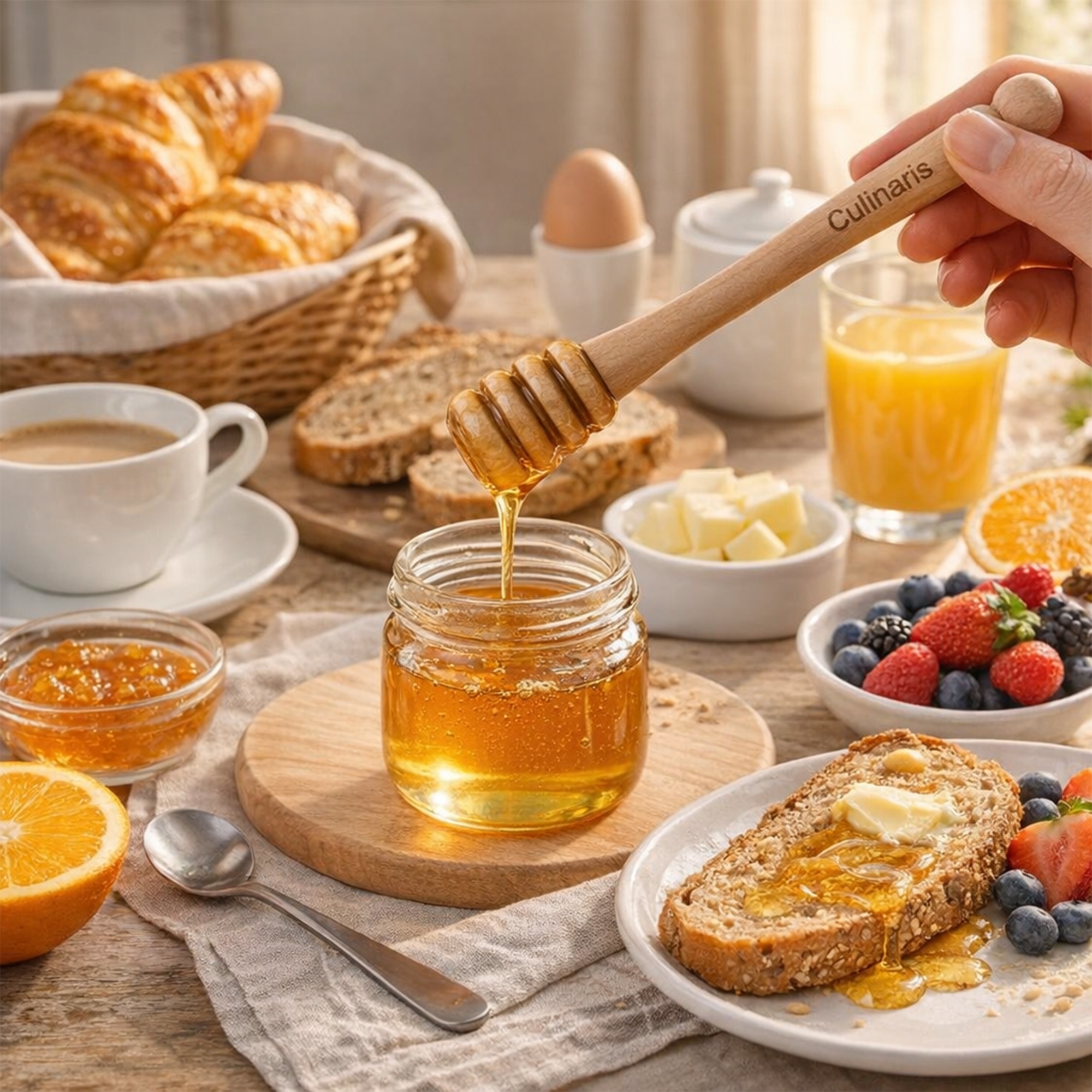 Maple wood honey dipper by Culinaris at breakfast