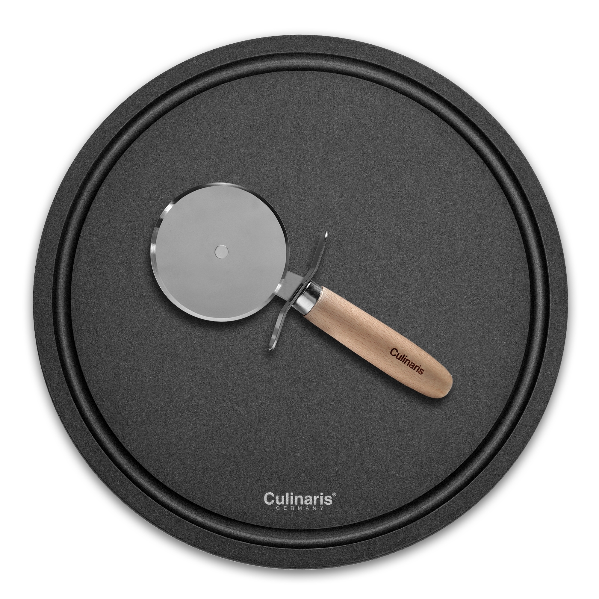 Cutting board NERO - Ø 30 x 0,9 cm + pizza cutter/pizza wheel | Culinaris Cutting board NERO - Ø 30 x 0,9 cm + pizza cutter/pizza wheel | Culinaris