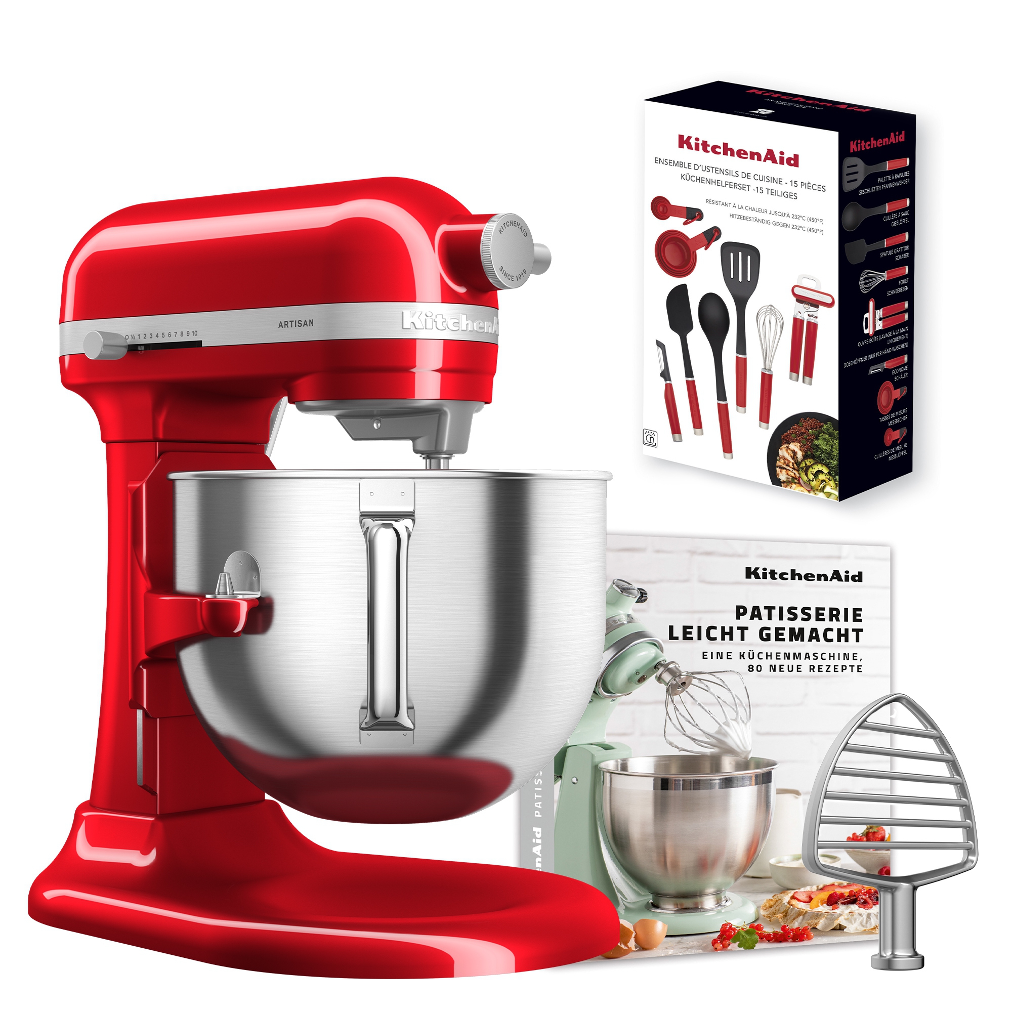 KitchenAid - Set food processor 6,6 L + pastry mixer + 15 pcs kitchen aid set + recipe book "Patisserie made easy" - Candy Apple Red