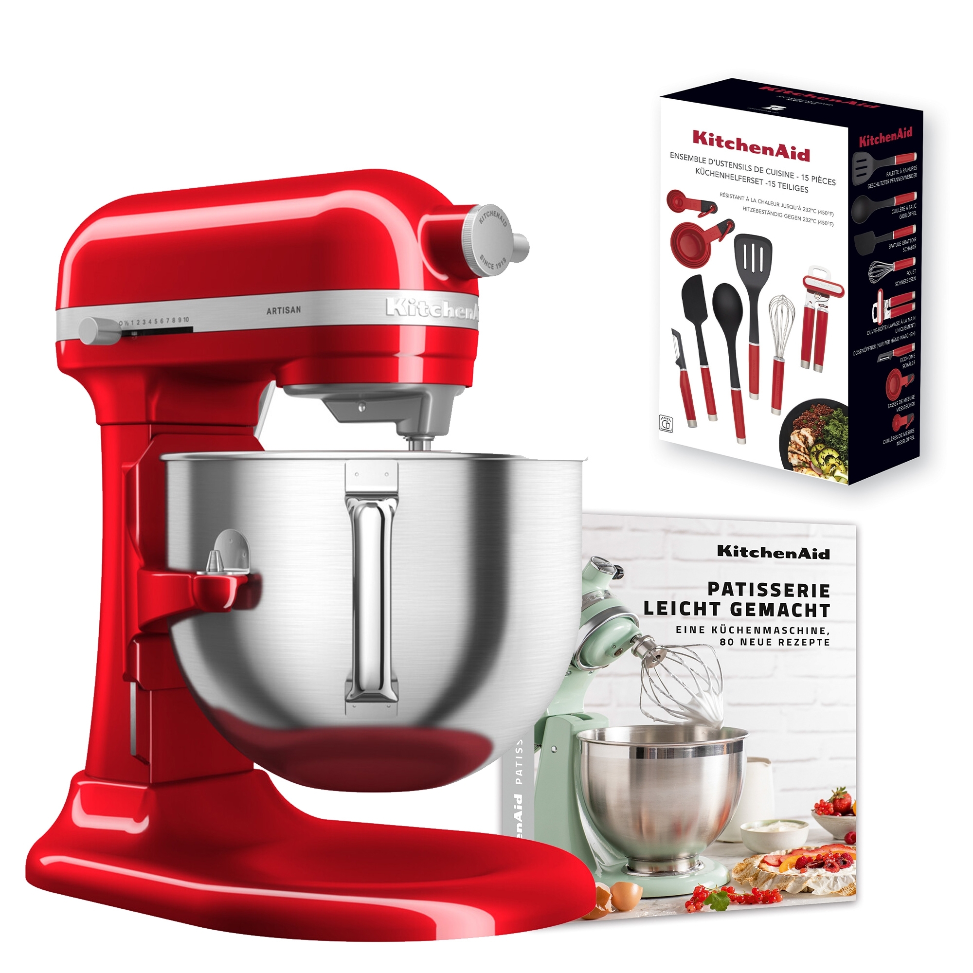 KitchenAid - Set Küchenmaschine 6,6 L + 15 tlg. Küchenhelfer-Set + Rezeptbuch „Patisserie leichtgemacht“ - Liebesapfelrot KitchenAid - Set Küchenmaschine 6,6 L + 15 tlg. Küchenhelfer-Set + Rezeptbuch „Patisserie leichtgemacht“ - Liebesapfelrot
