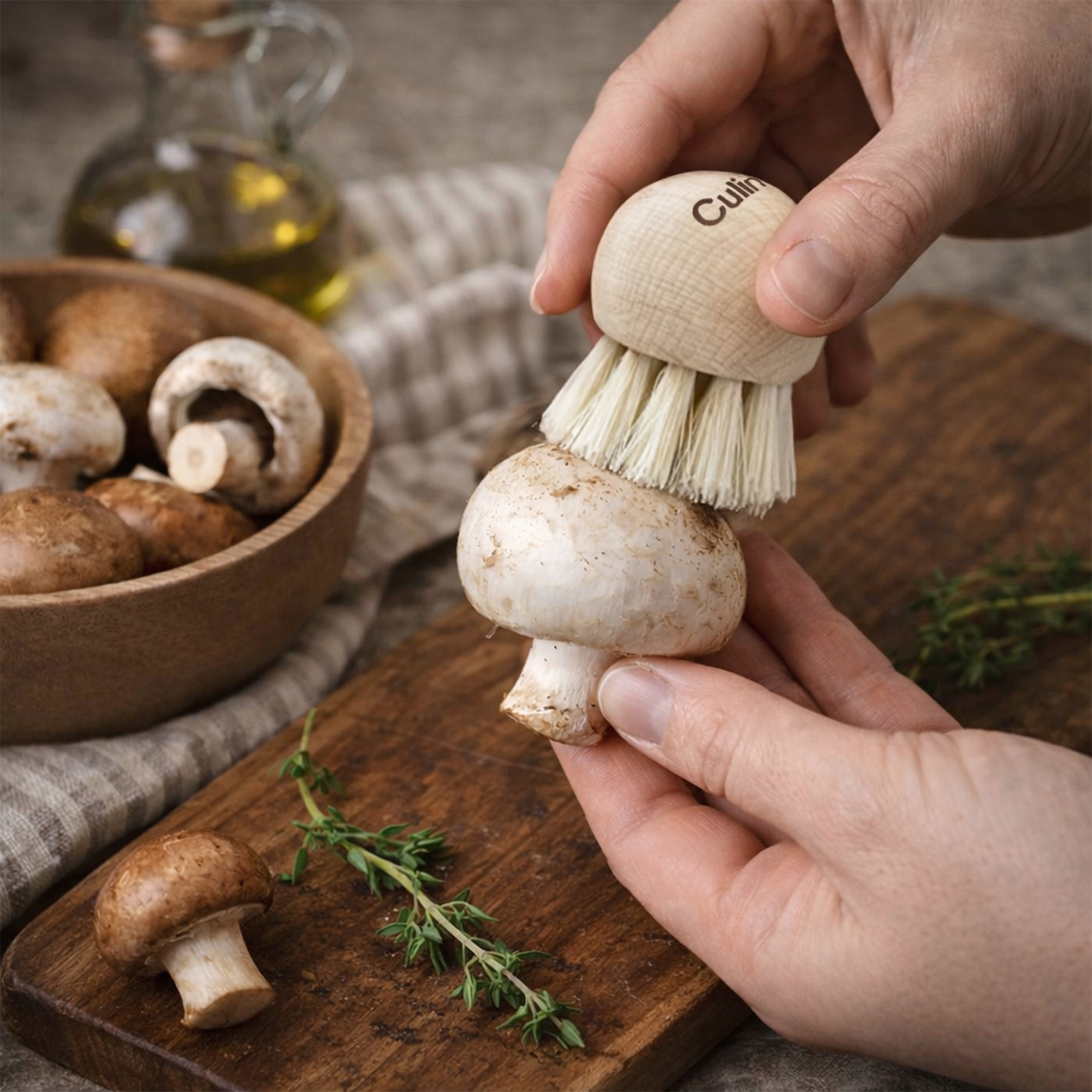 Hand cleaning mushroom with Culinaris beech wood brush