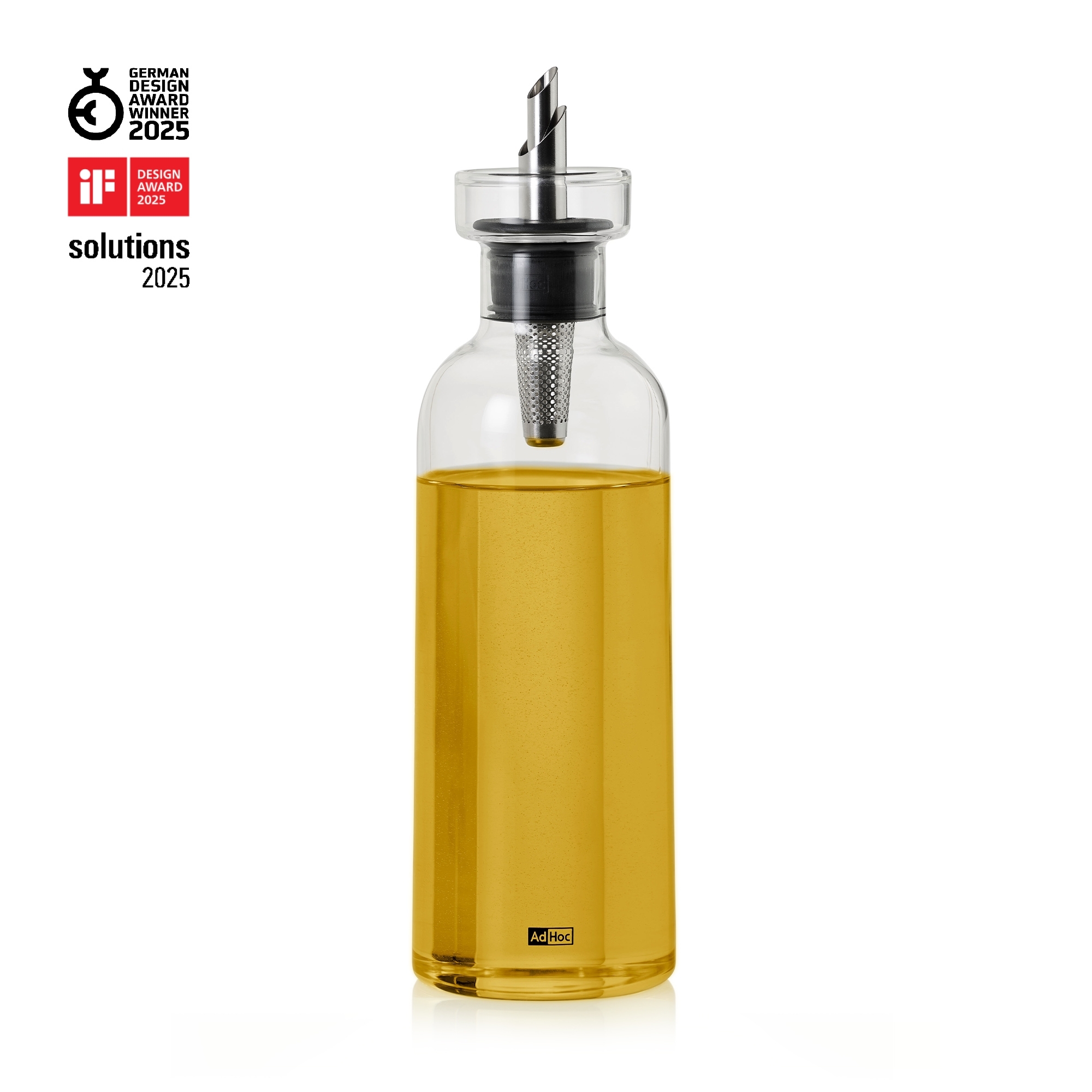 Glass oil dispenser with spout and built-in filter