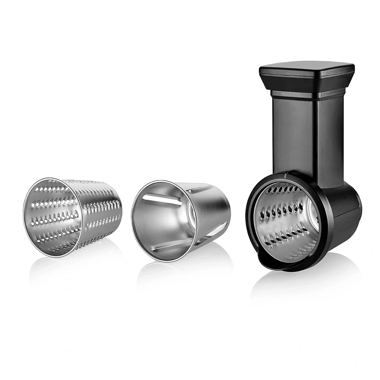 Black drum grater attachment with three steel drums