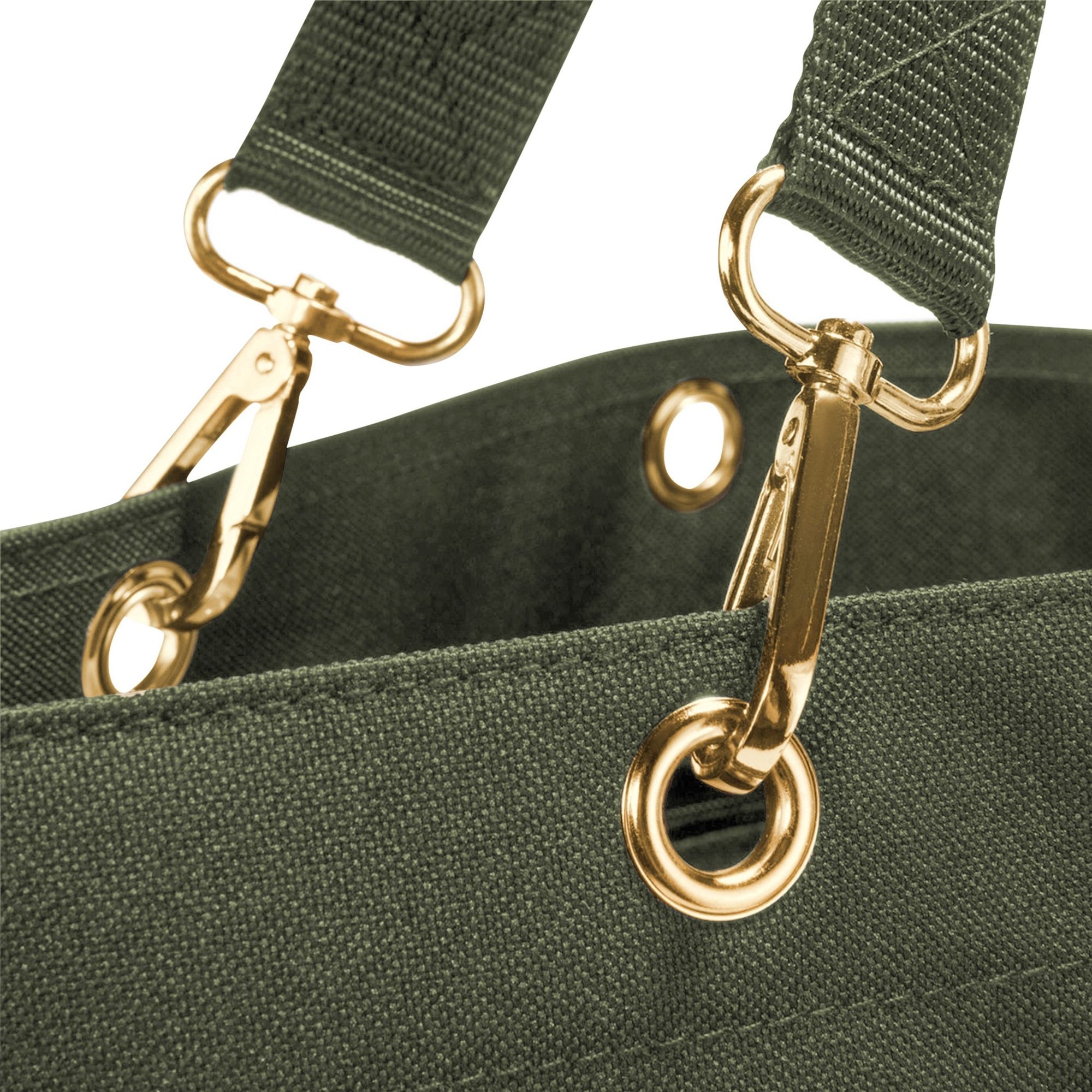 Close-up olive canvas bag with metal clasps