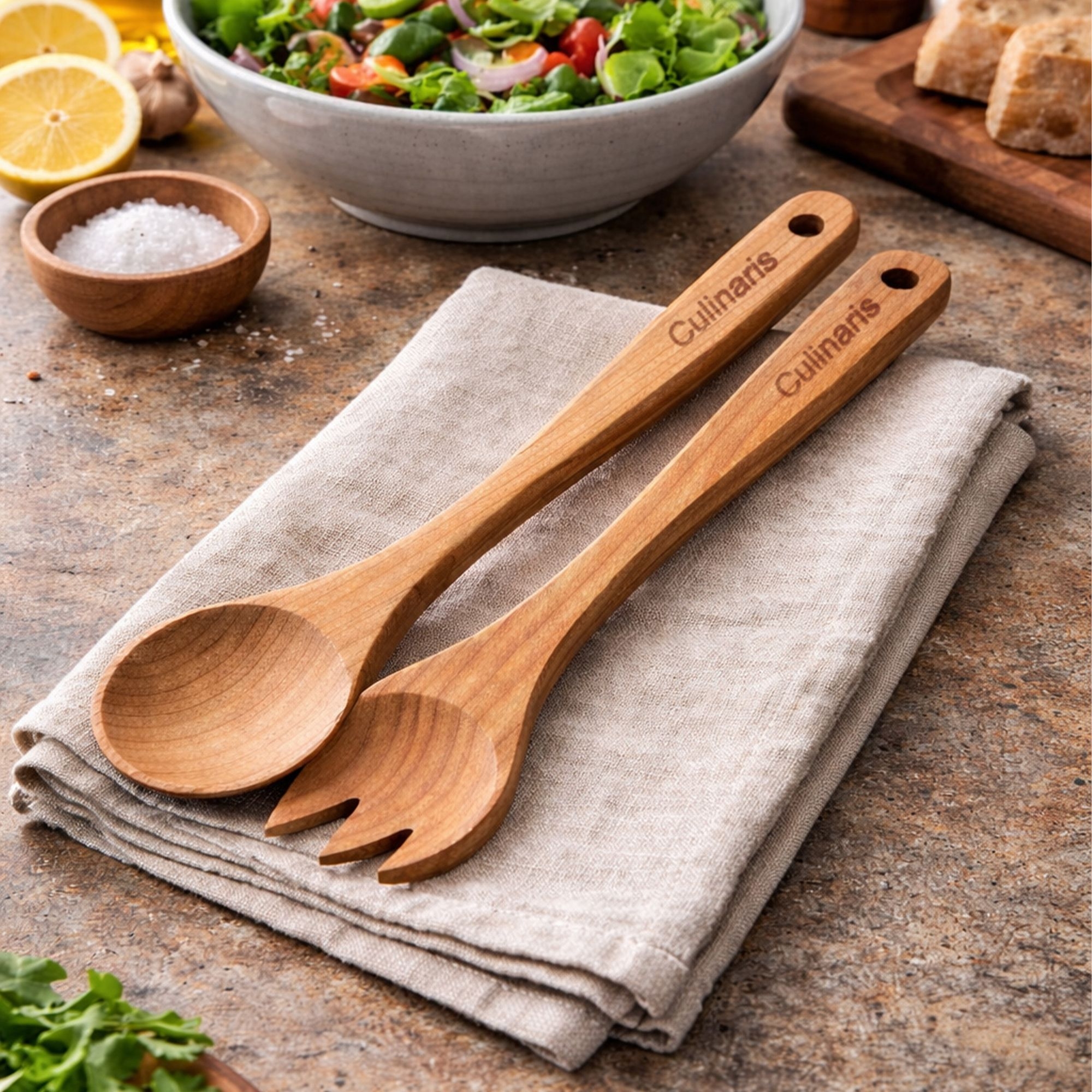Culinaris cherry wood salad servers, 30 cm, on cloth