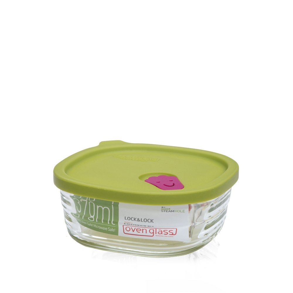 Round glass container with green lid 370 ml