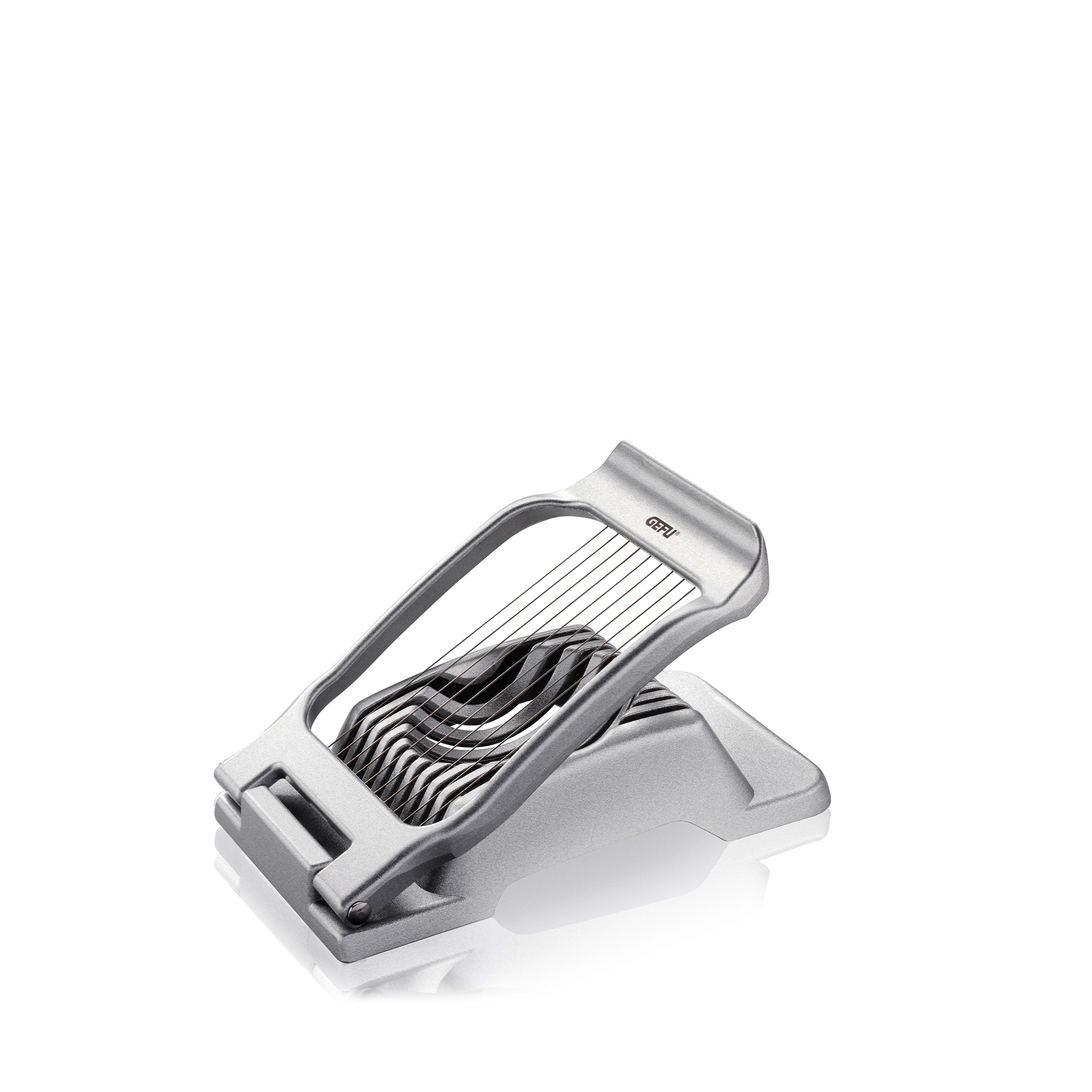 Silver stainless steel egg slicer for even slices