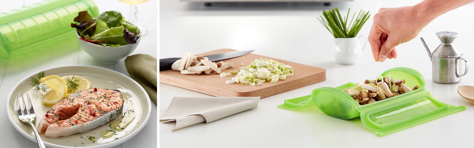 Green silicone cooking pod filled with vegetables