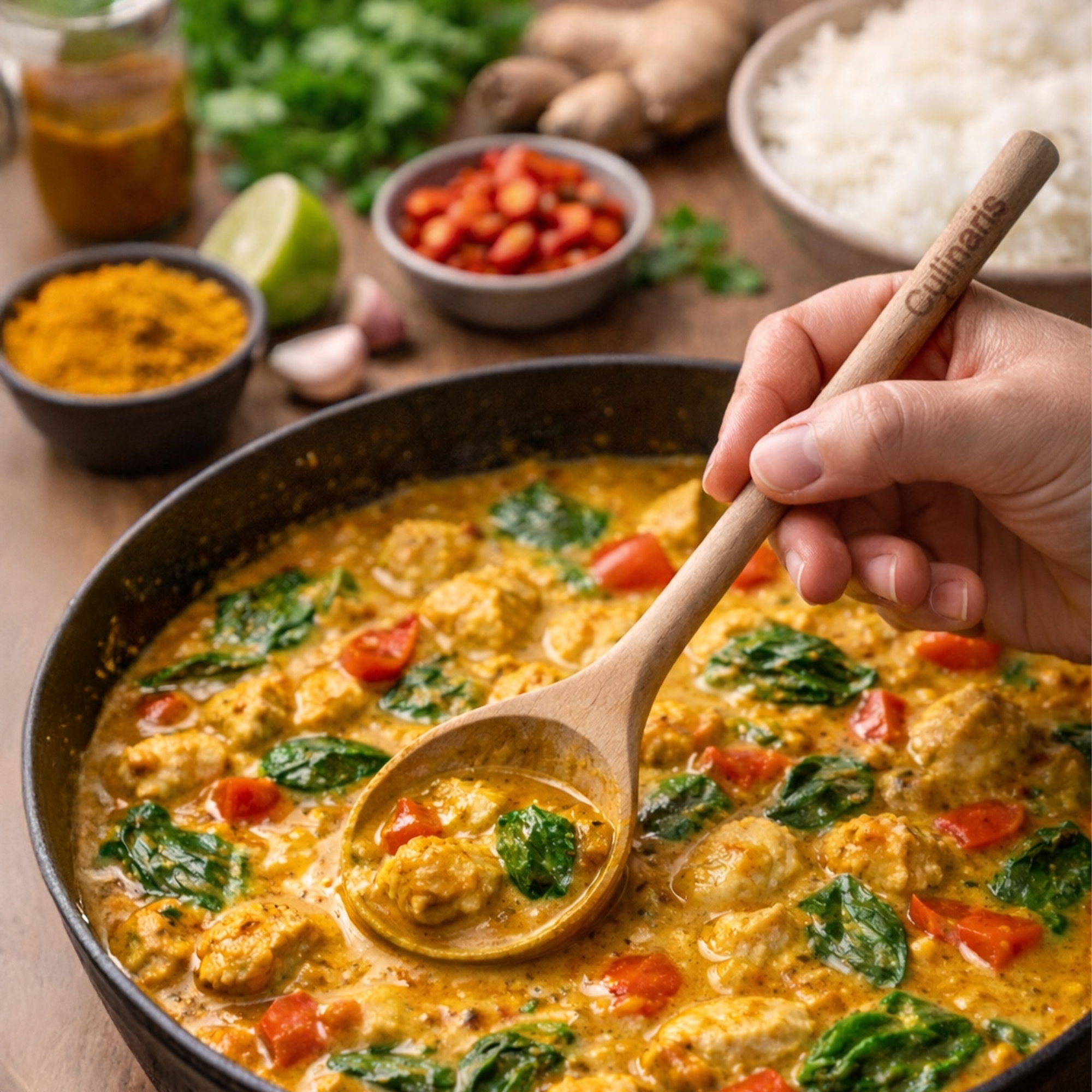 Round 16 cm maple cooking spoon stirring food in pan