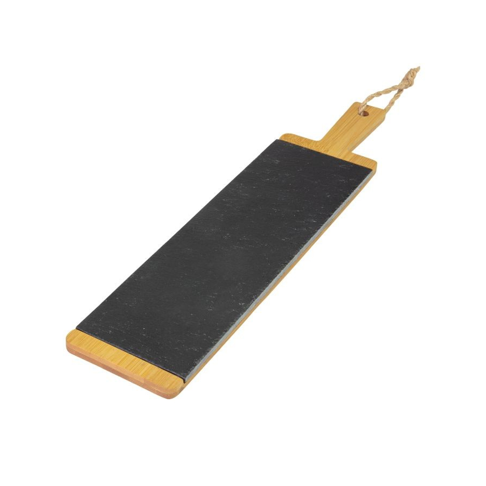 Long slate board with bamboo handle for serving