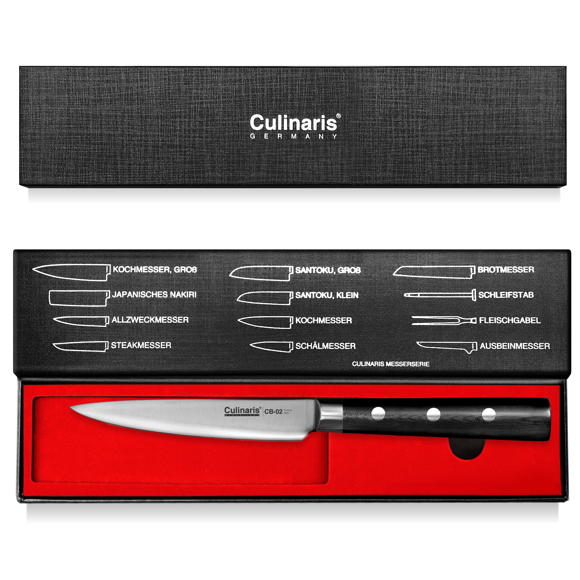Culinaris - Messer-Set - Kochmesser CB-08 + Alzweckmesser CB-02 + Ausbeinmesser CB-05 + Fleischgabel CB-11 + Messerblock CB-13