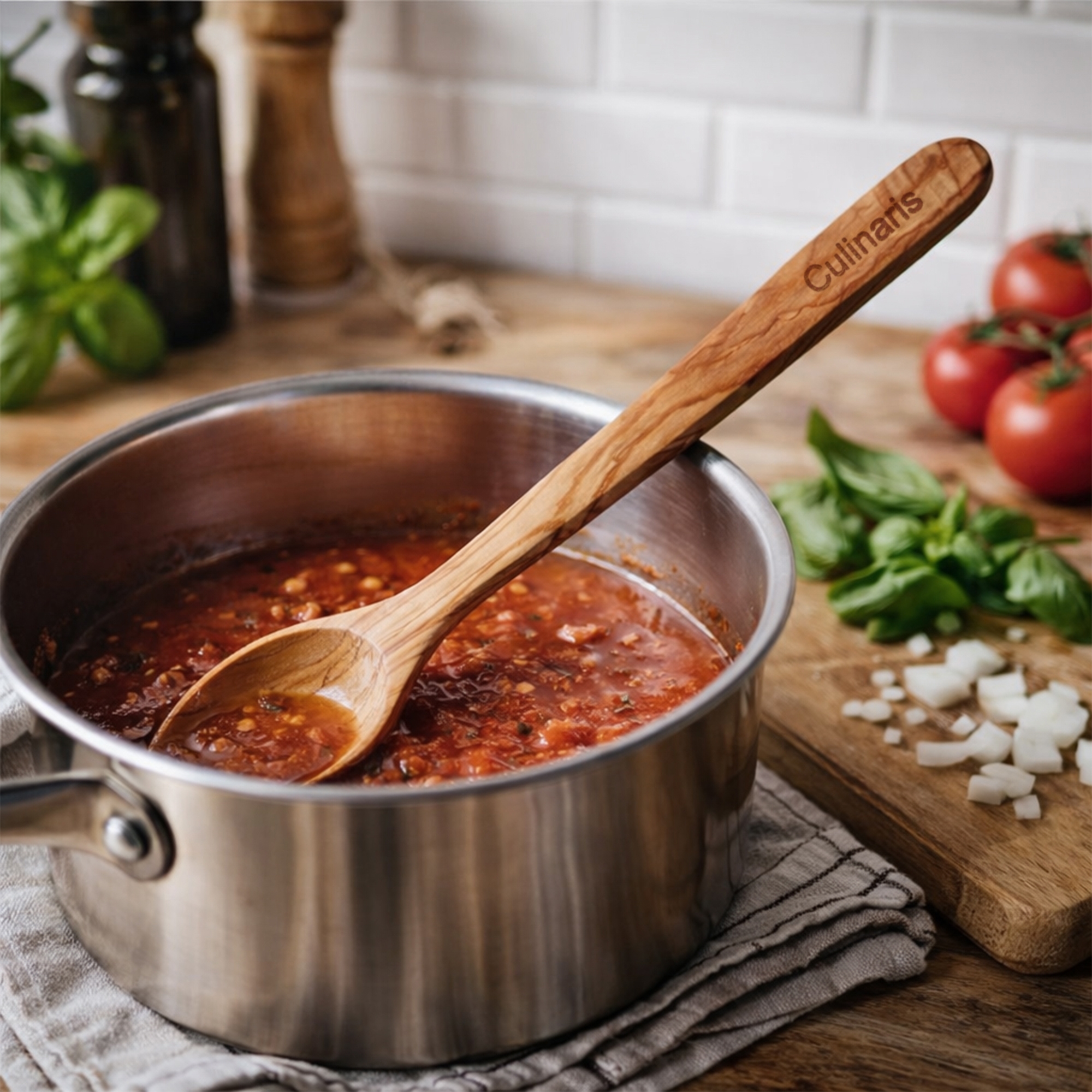 Culinaris 35 cm olive wood spoon in saucepan