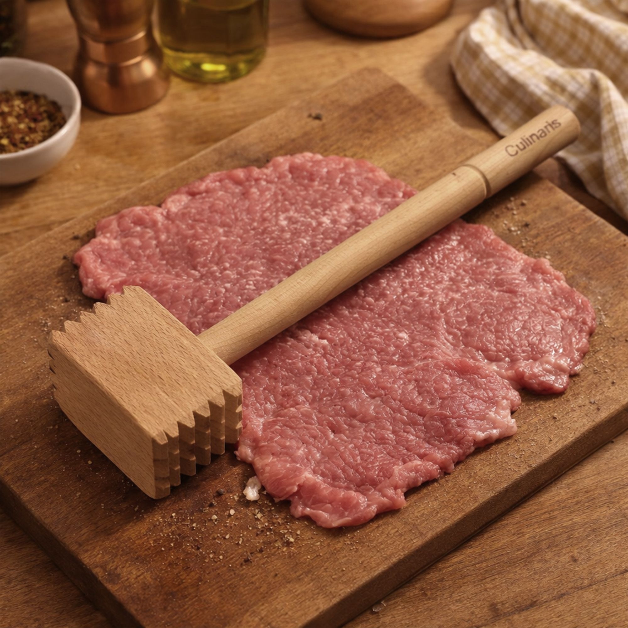 Culinaris meat tenderiser with 36 teeth on raw meat