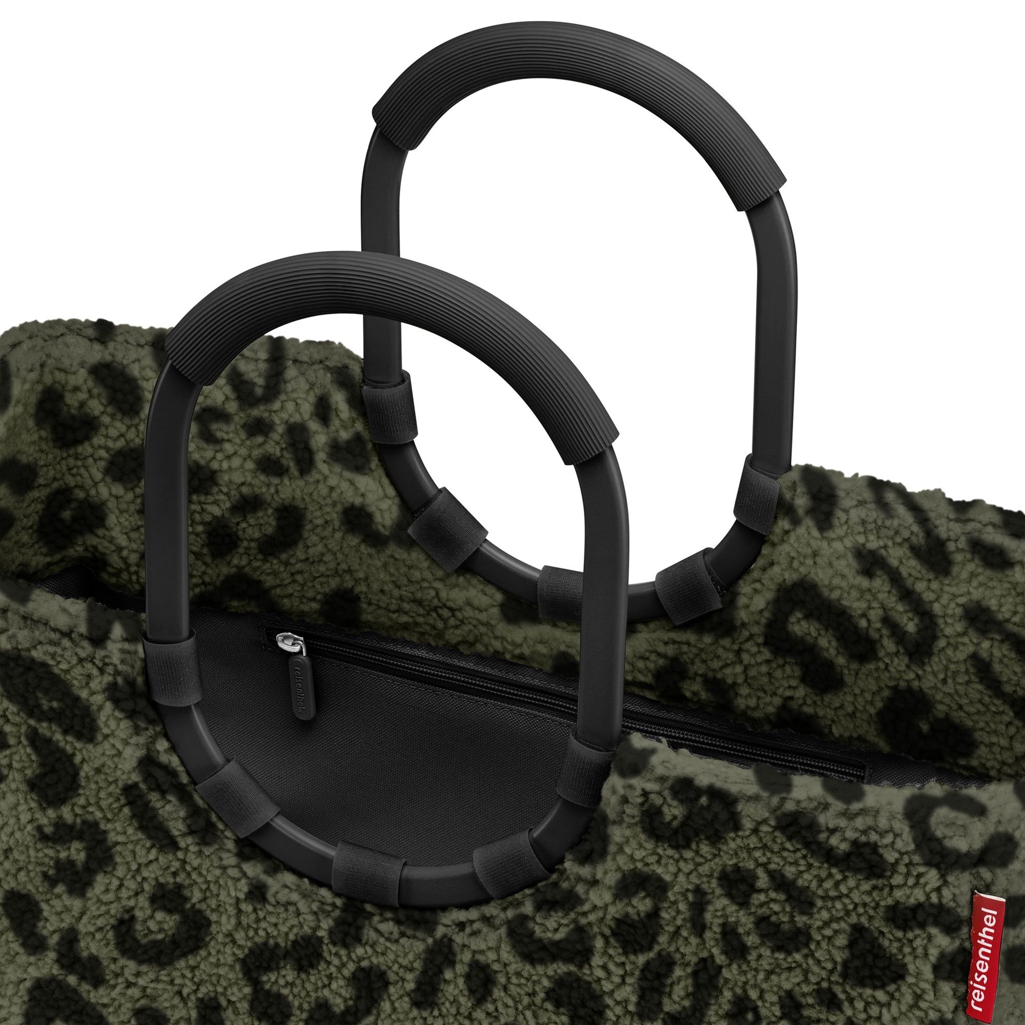 Green teddy fleece handbag with black handles