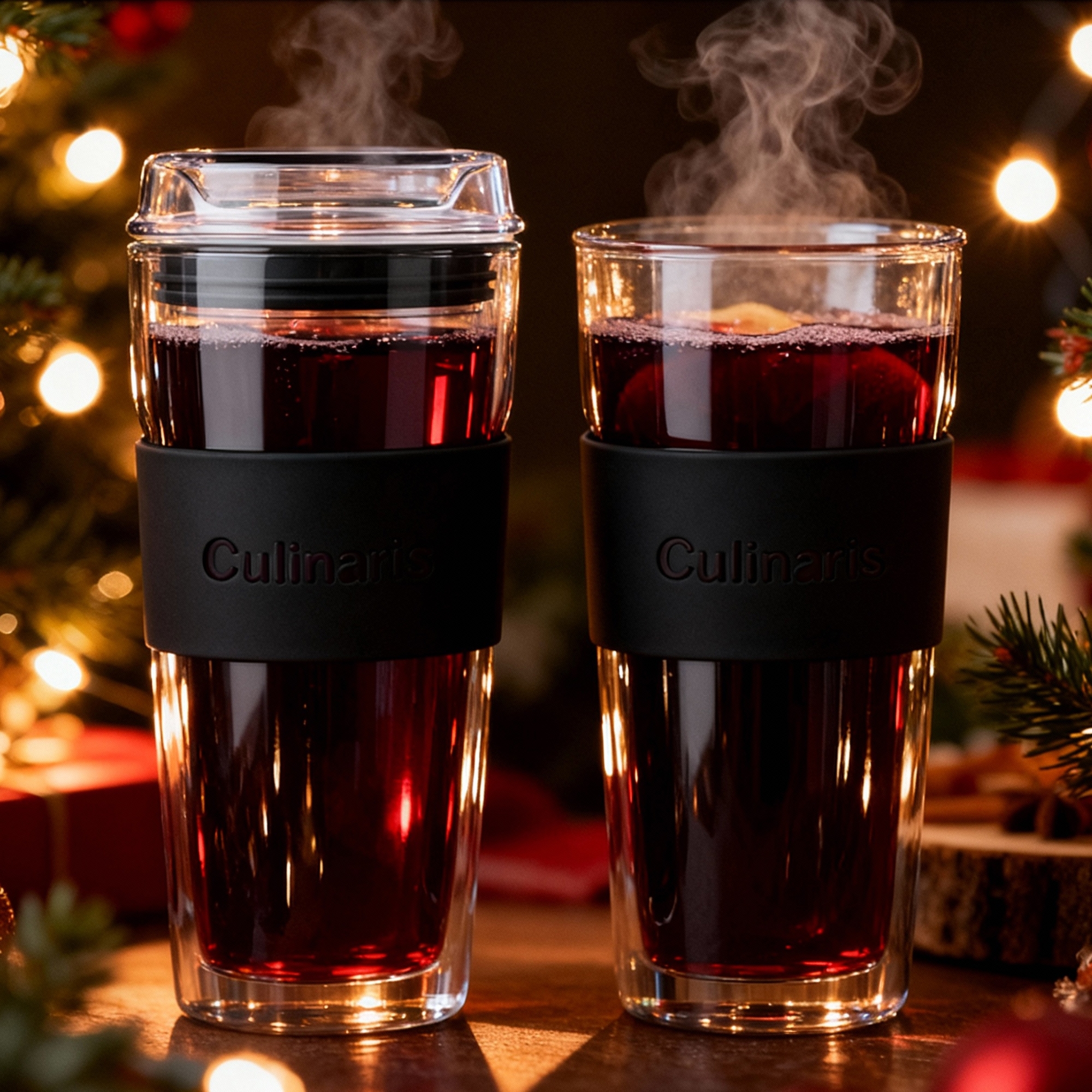 Double-walled glasses with hot mulled wine and Culinaris sle