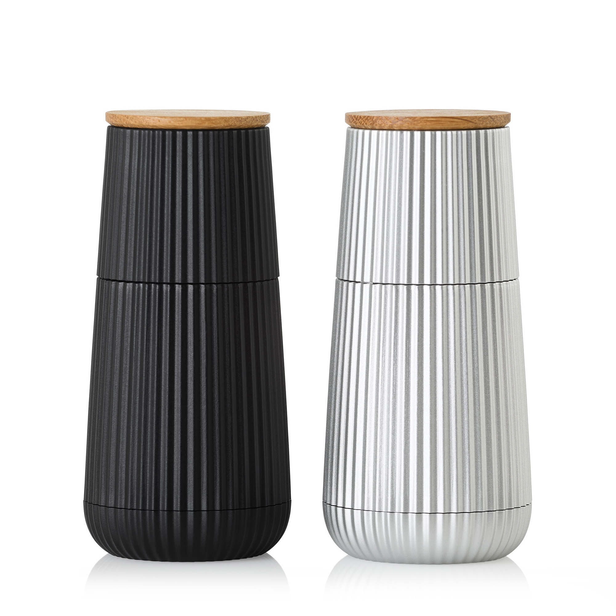 Black and white design mills with wooden lids