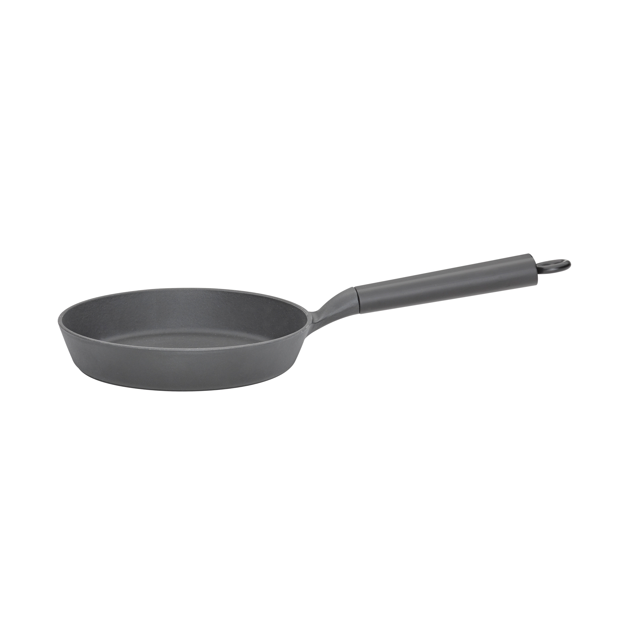 Round grey cast iron frying pan with handle