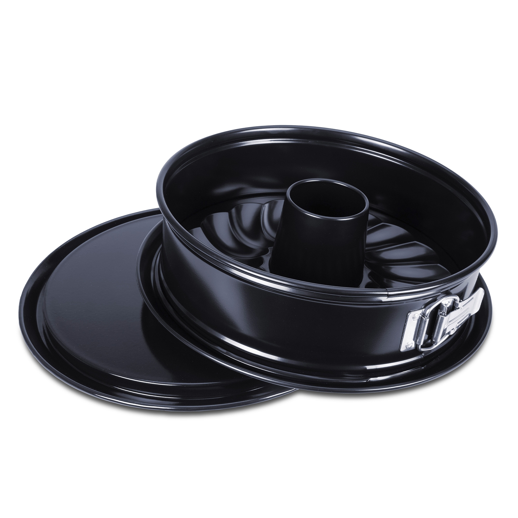 Schwarze Springform mit Rohrboden und flachem Boden