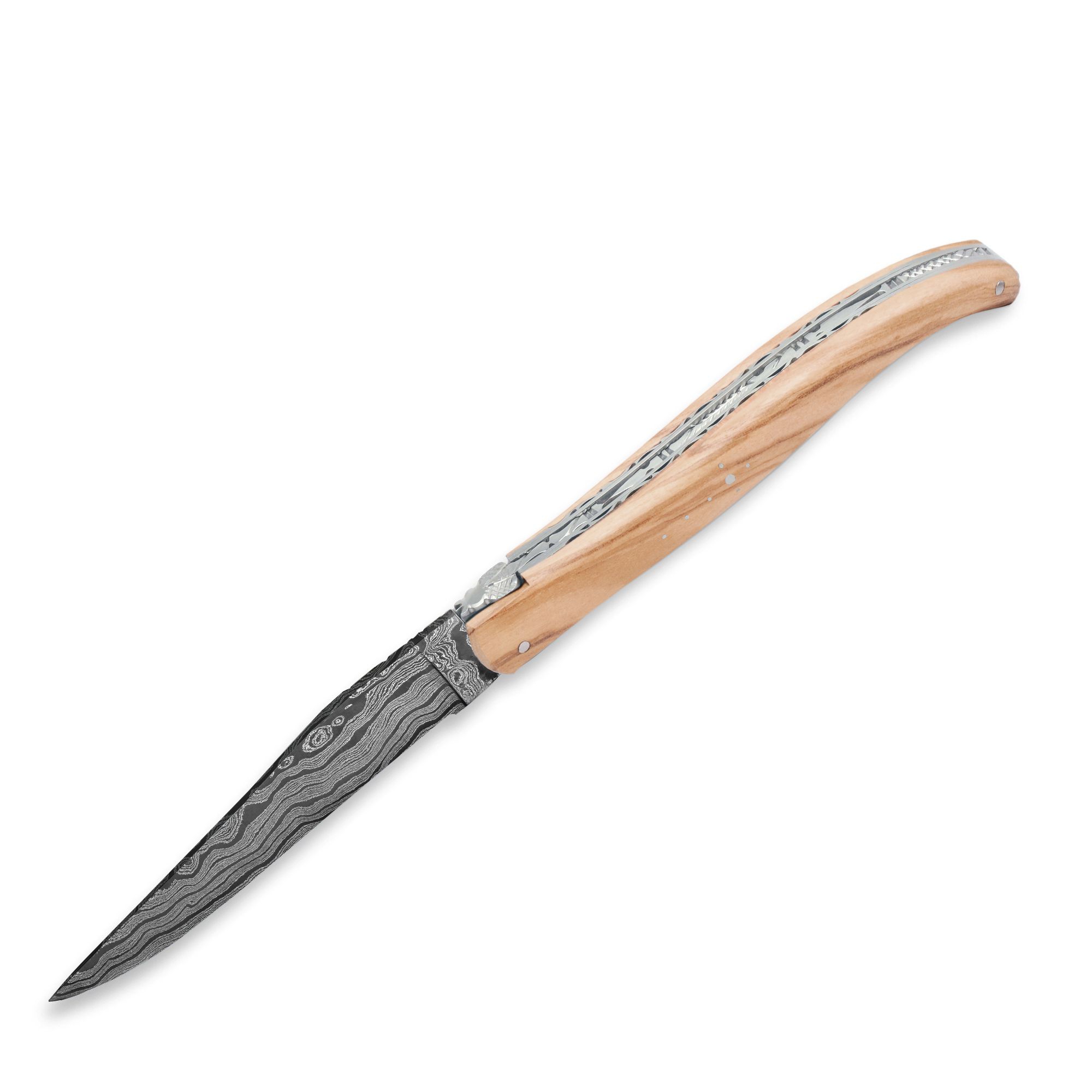 Laguiole - folding/pocket knife double plate olive wood damask blade