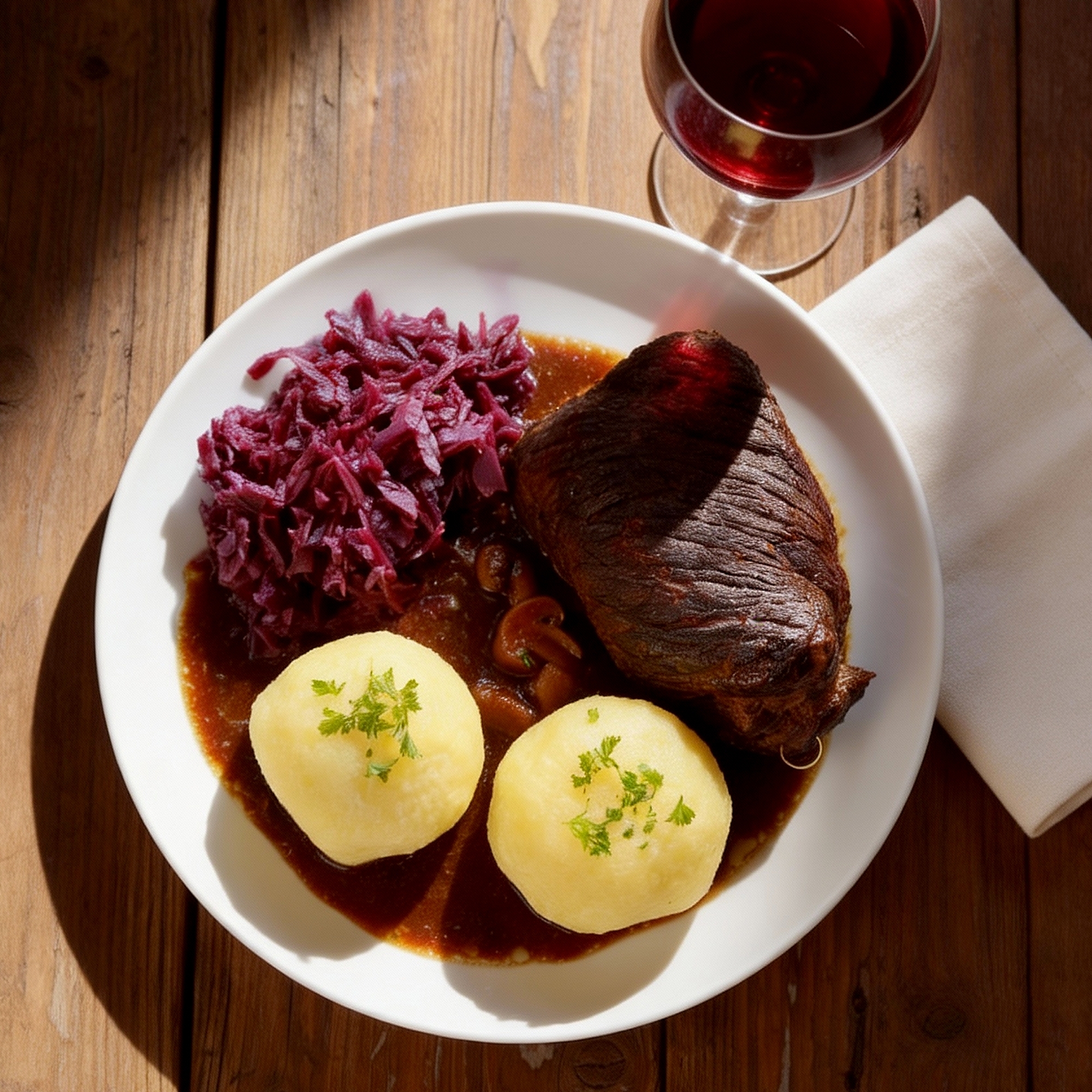 Plate with beef roulade, dumplings and red cabbage