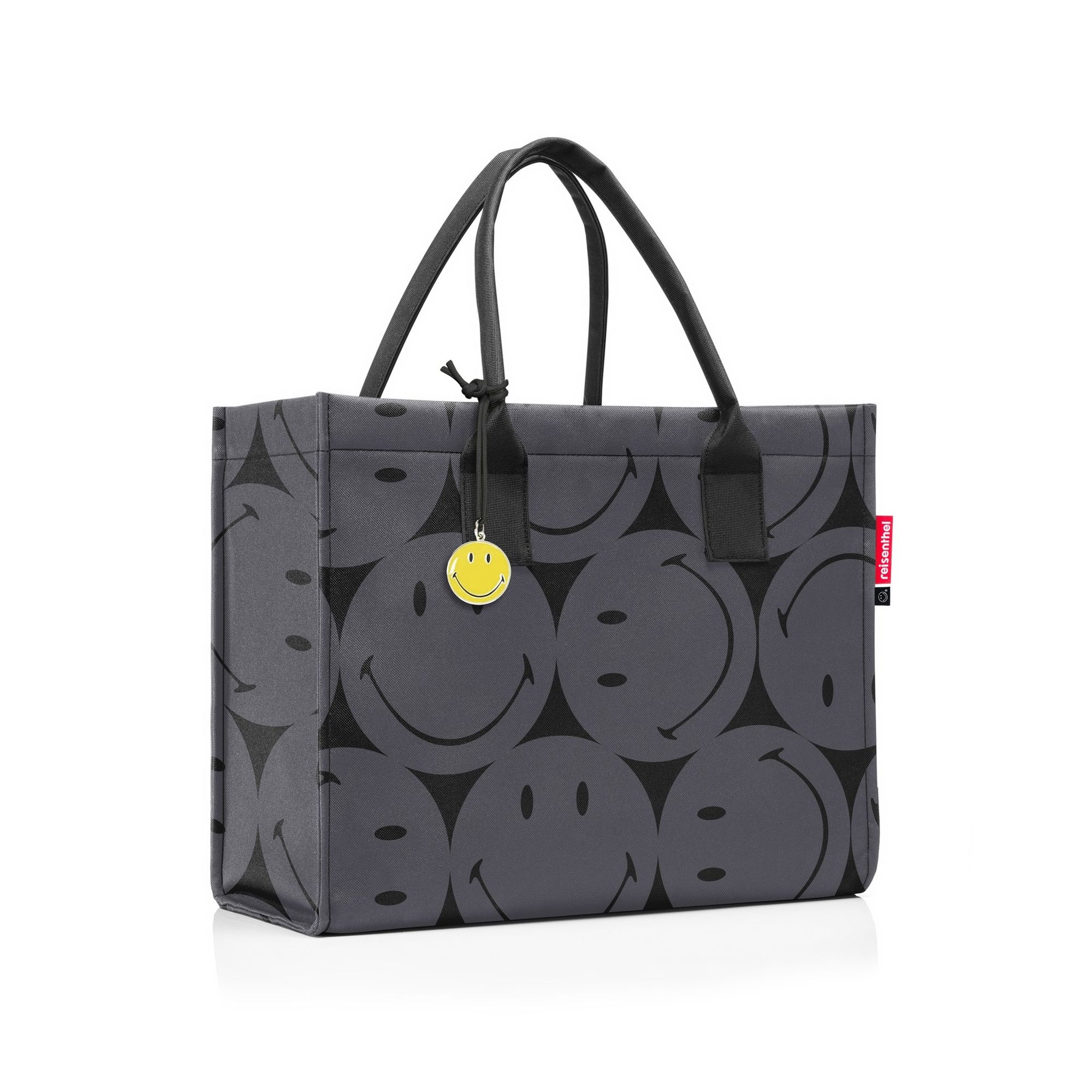 Grey shopping bag with smiley pattern and charm